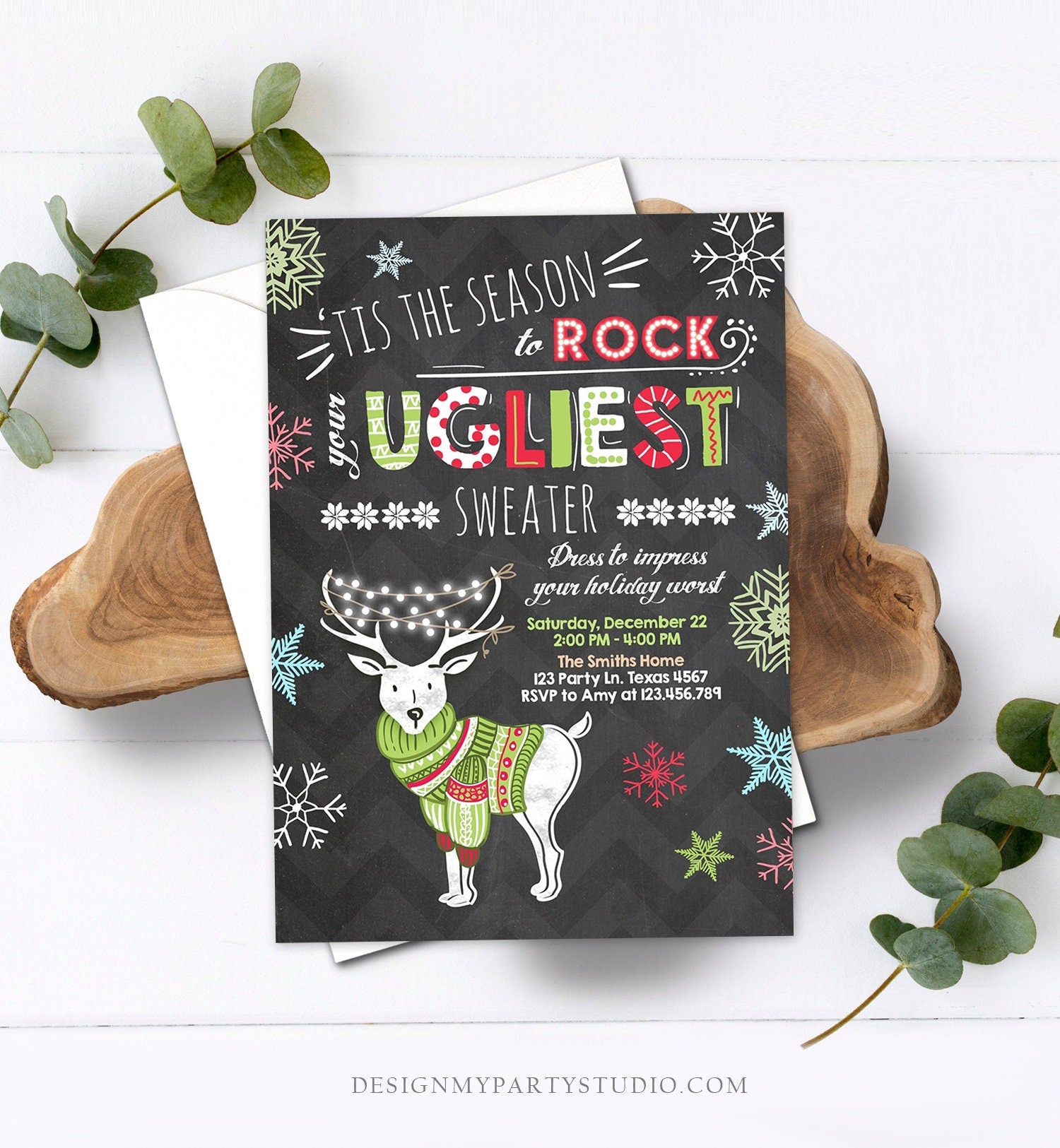 Editable Christmas Ugly Sweater Party Invitation Christmas Sweater Invitation Ugliest Deer Download Printable Invitation Template Corjl 0053