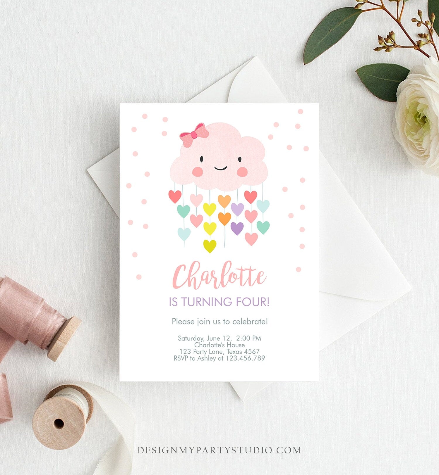 Editable Cloud Birthday Invitation Girls Raining Hearts Raindrop Rainbow Pink Cloud Digital Download Evite Template Printable 0036