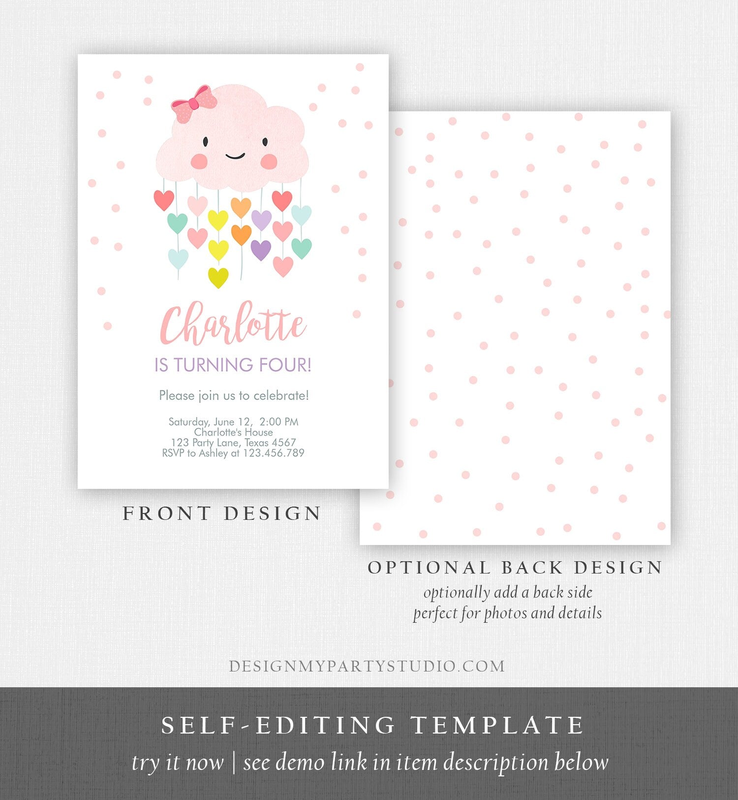 Editable Cloud Birthday Invitation Girls Raining Hearts Raindrop Rainbow Pink Cloud Digital Download Evite Template Printable 0036