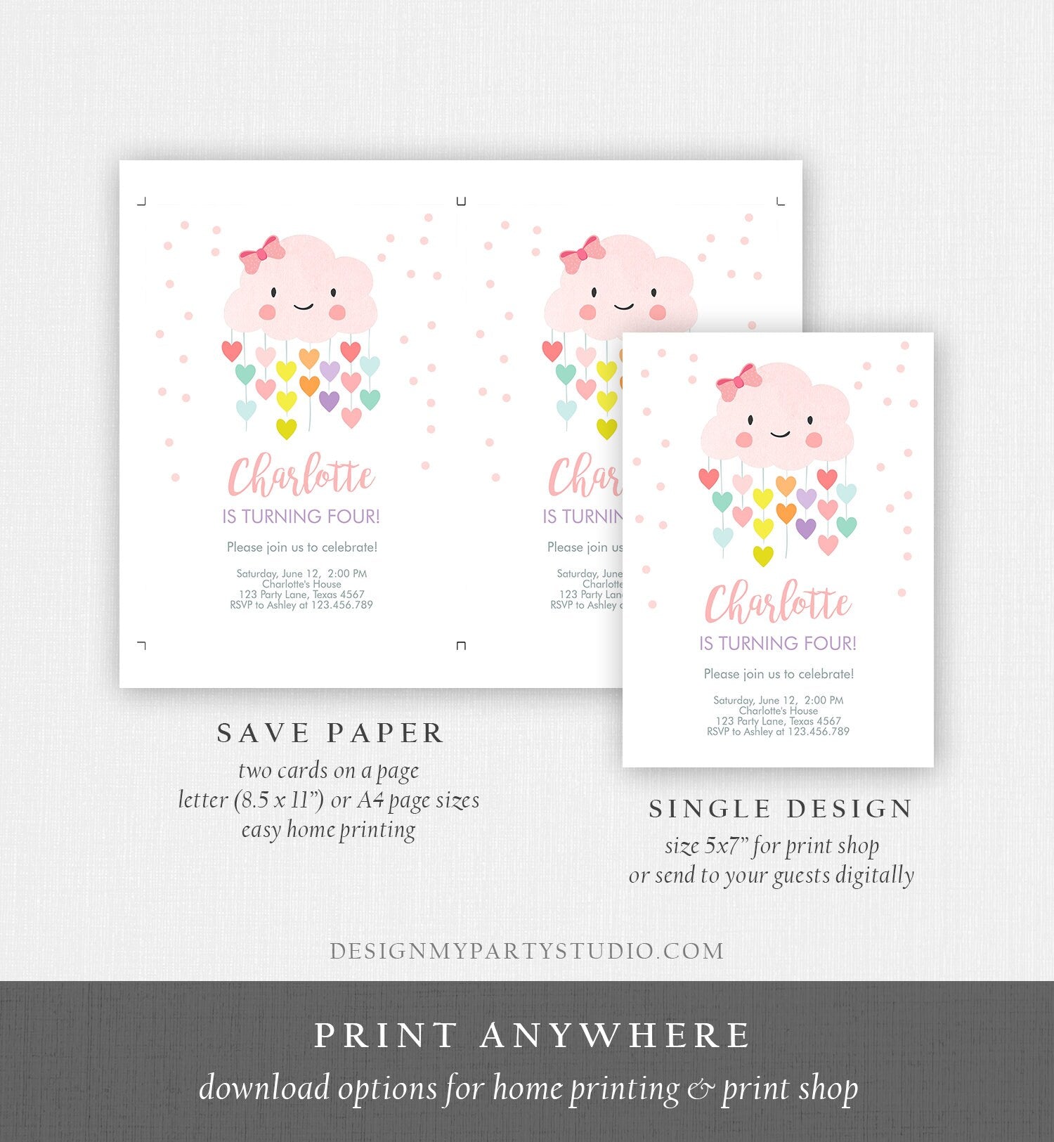 Editable Cloud Birthday Invitation Girls Raining Hearts Raindrop Rainbow Pink Cloud Digital Download Evite Template Printable 0036