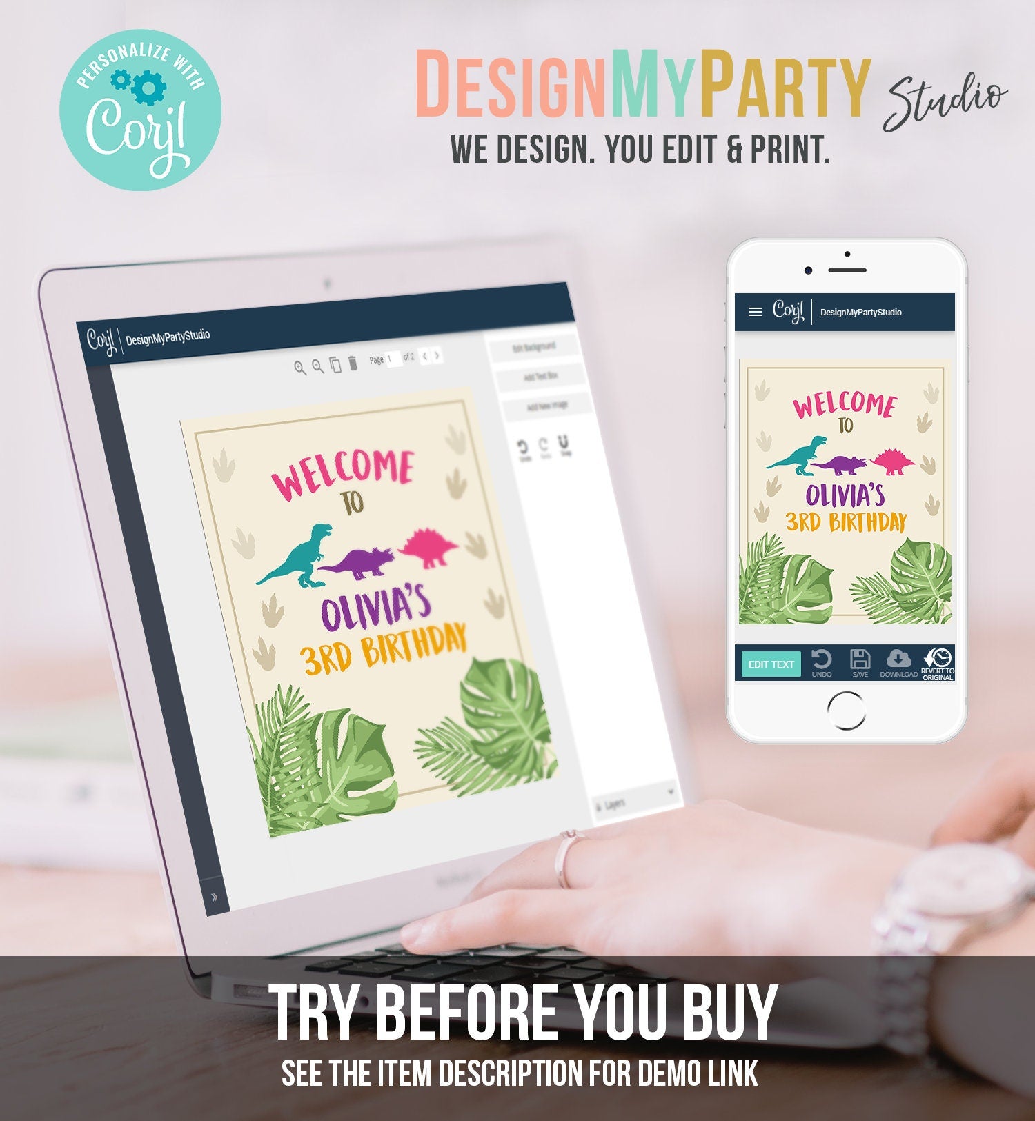 Editable Dinosaur Welcome Sign Birthday Party Table Sign Welcome Dino Dig Party Girl Pink Digital Download Template Printable Corjl 0043