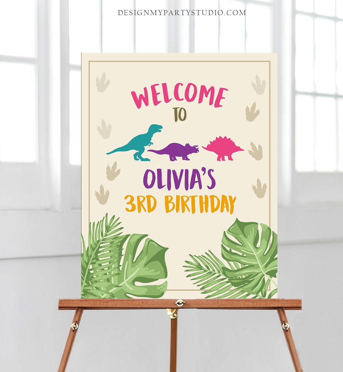 Editable Dinosaur Welcome Sign Birthday Party Table Sign Welcome Dino Dig Party Girl Pink Digital Download Template Printable Corjl 0043