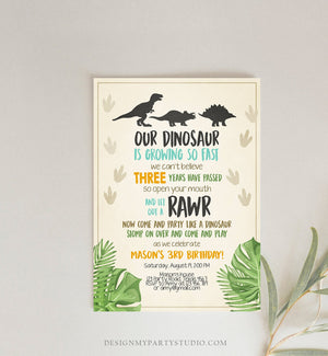 Editable Dinosaur Birthday Invitation Dino Dig Party Prehistoric Boy Blue Orange T-Rex Digital Download Printable Template Corjl 0043