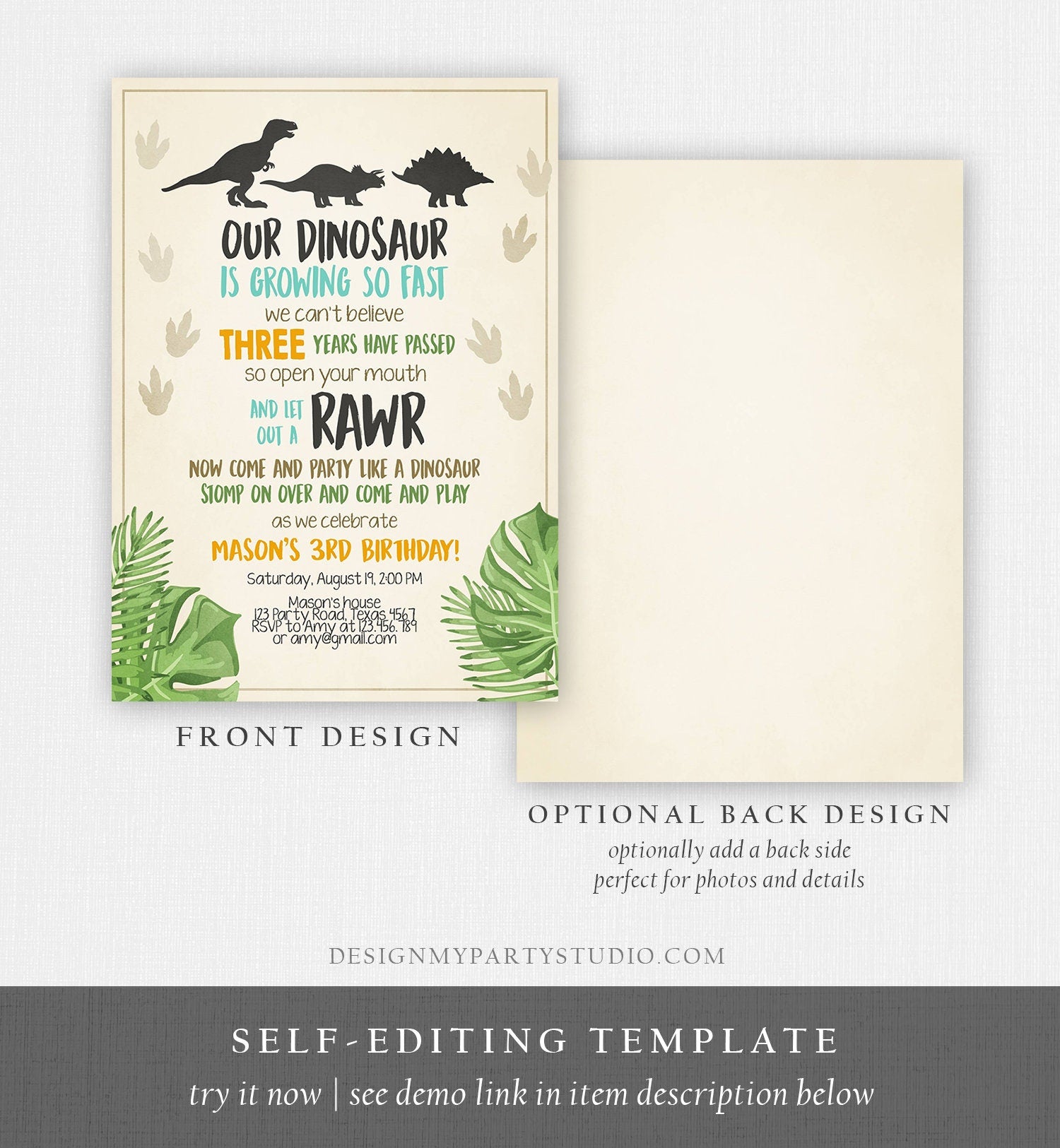 Editable Dinosaur Birthday Invitation Dino Dig Party Prehistoric Boy Blue Orange T-Rex Digital Download Printable Template Corjl 0043