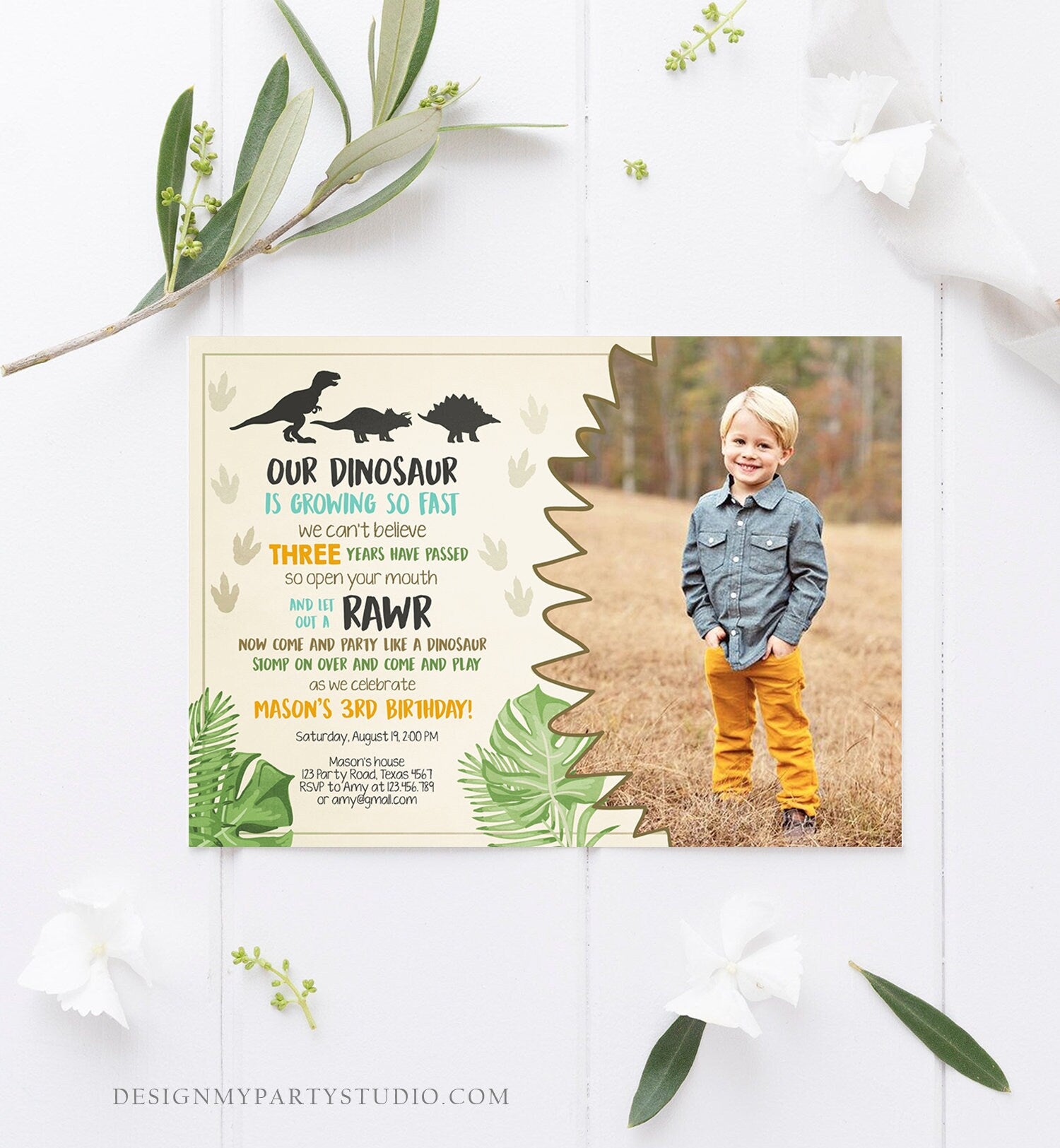 Editable Dinosaur Birthday Invitation Dino Dig Party Prehistoric Boy Photo T-Rex RAWR Digital Download Corjl Template Printable 0043