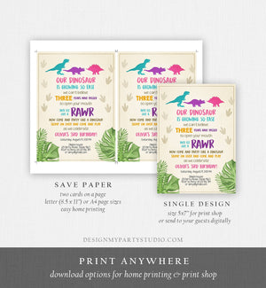 Editable Dinosaur Birthday Invitation Dino Dig Party Prehistoric Girl Pink T-Rex Purple Teal Digital Download Printable Template Corjl 0043