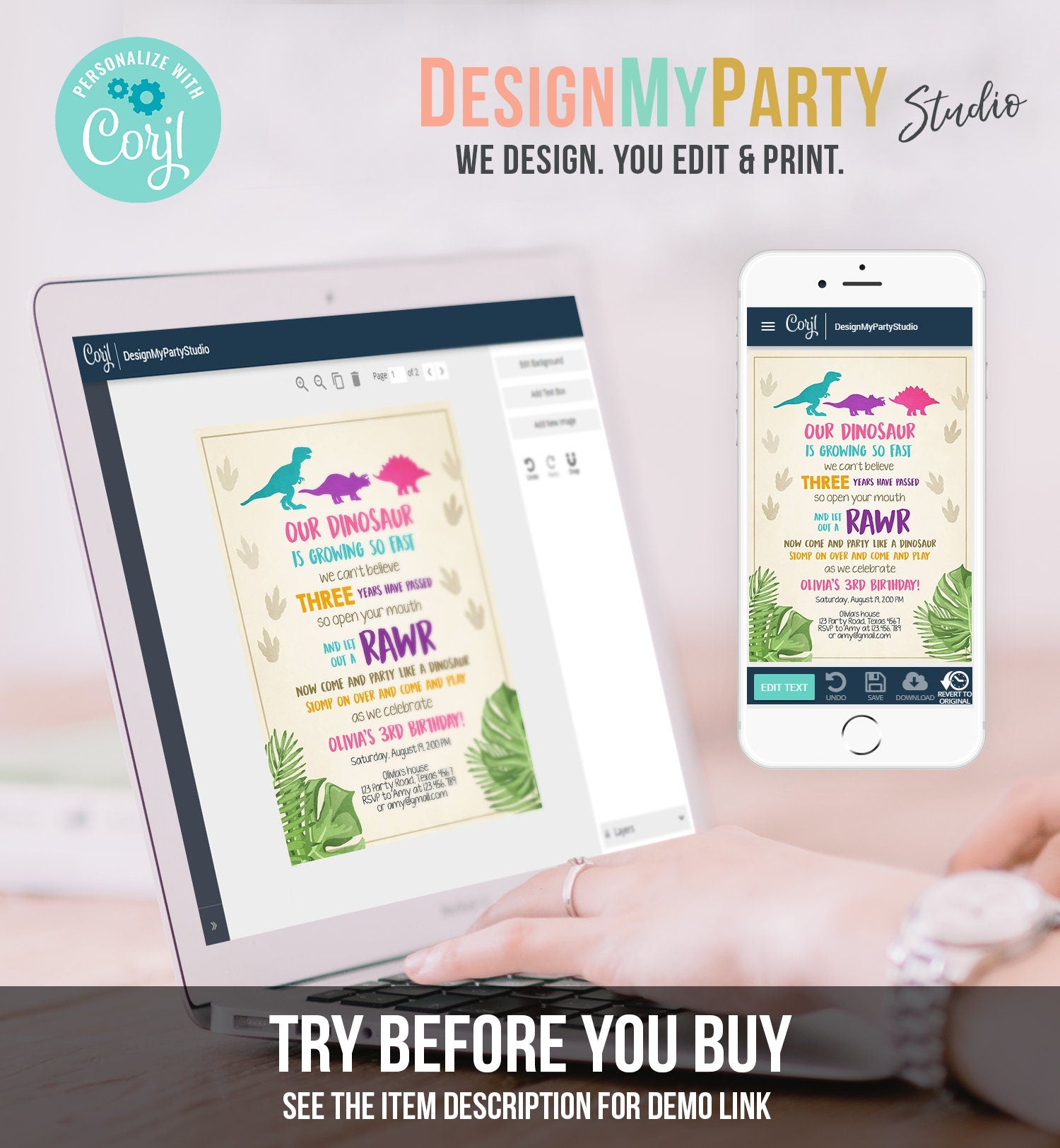 Editable Dinosaur Birthday Invitation Dino Dig Party Prehistoric Girl Pink T-Rex Purple Teal Digital Download Printable Template Corjl 0043