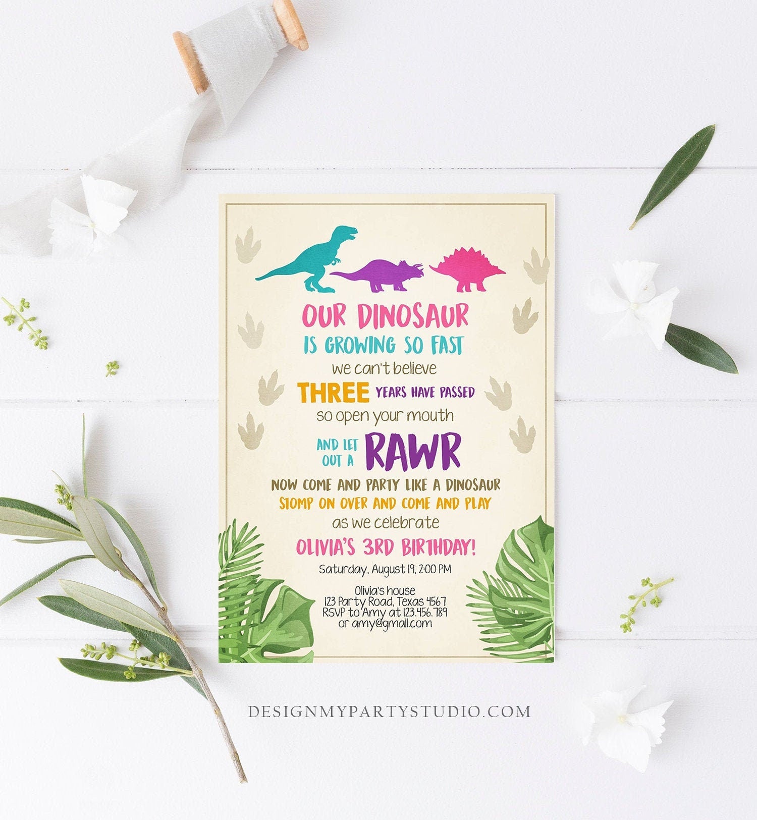 Editable Dinosaur Birthday Invitation Dino Dig Party Prehistoric Girl Pink T-Rex Purple Teal Digital Download Printable Template Corjl 0043