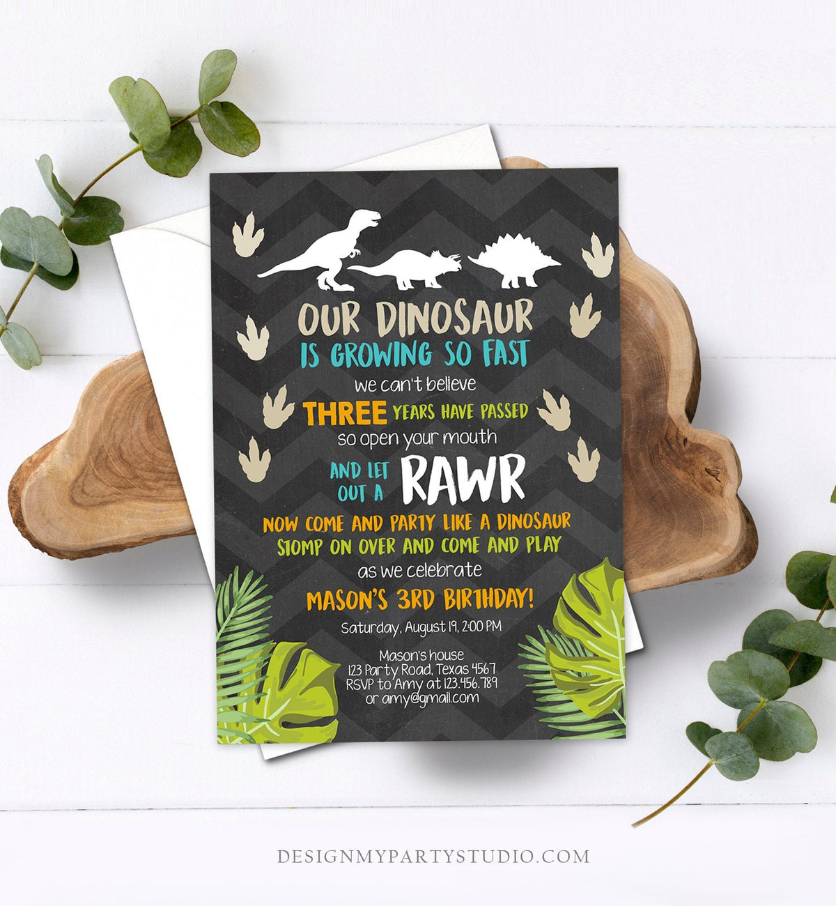 Editable Dinosaur Birthday Invitation Dino Dig Party Prehistoric Boy Chalk T-Rex Chevron Digital Download Printable Template Corjl 0043