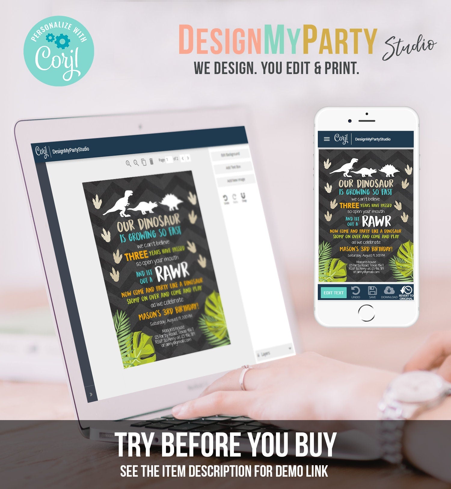 Editable Dinosaur Birthday Invitation Dino Dig Party Prehistoric Boy Chalk T-Rex Chevron Digital Download Printable Template Corjl 0043