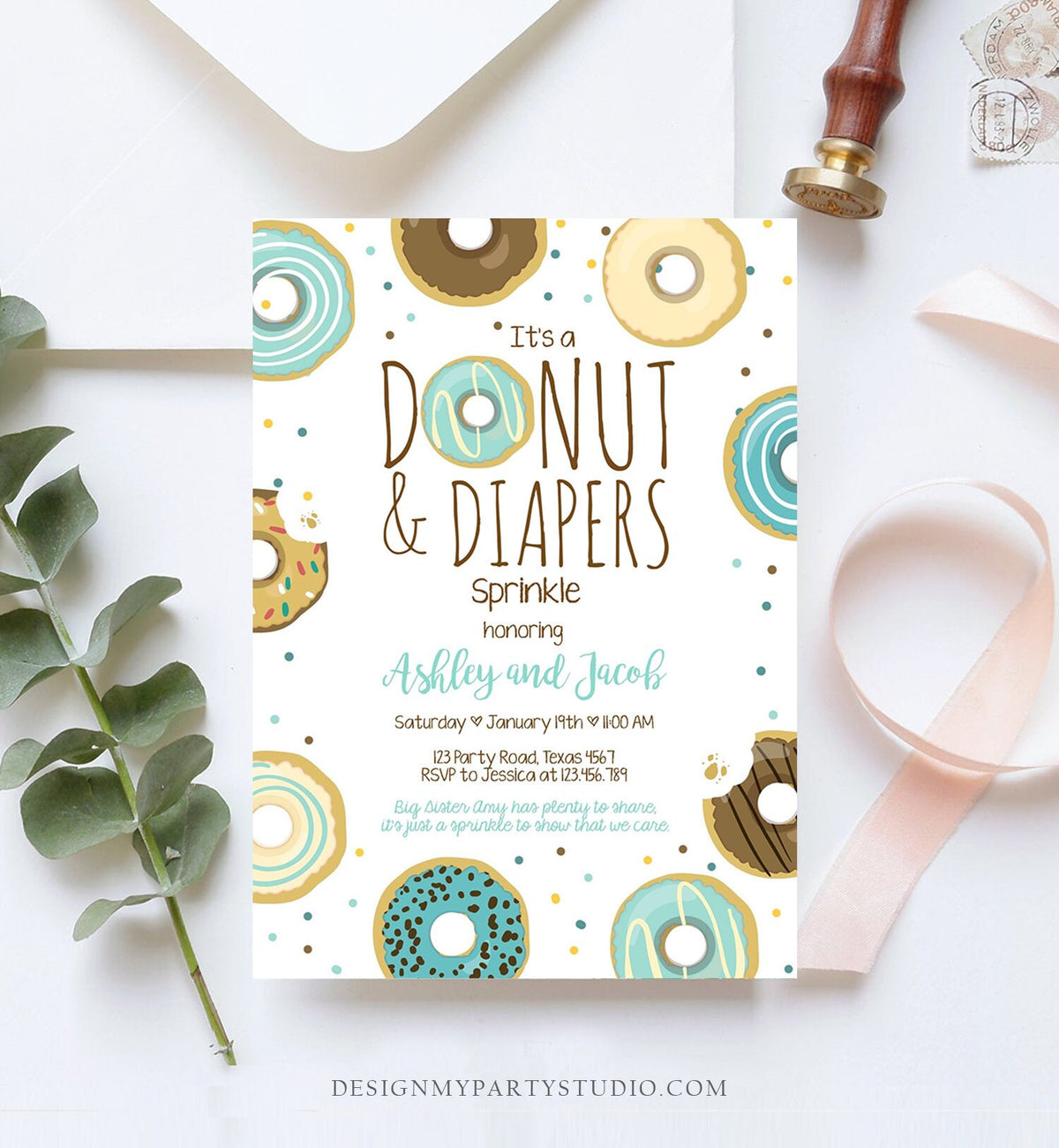 Editable Donut and Diapers Sprinkle Invitation Baby Shower Coed Shower Boy Blue Sweet Evite Digital Download Corjl Template Printable 0050