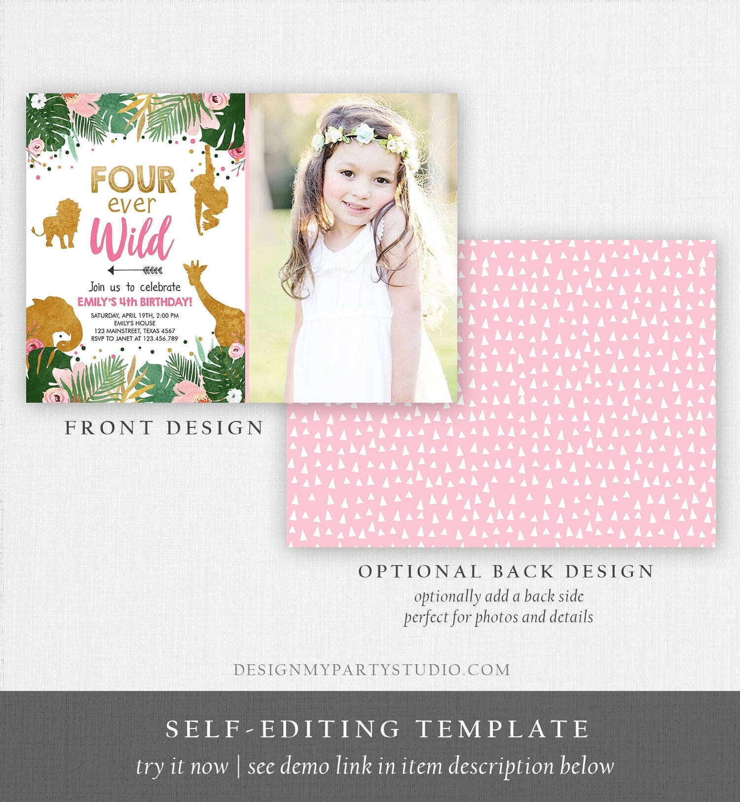 Editable Fourever Wild Birthday Invitation Safari Animals Jungle Zoo Gold Girl Pink 4th Birthday Four Ever Printable Corjl Template 0016