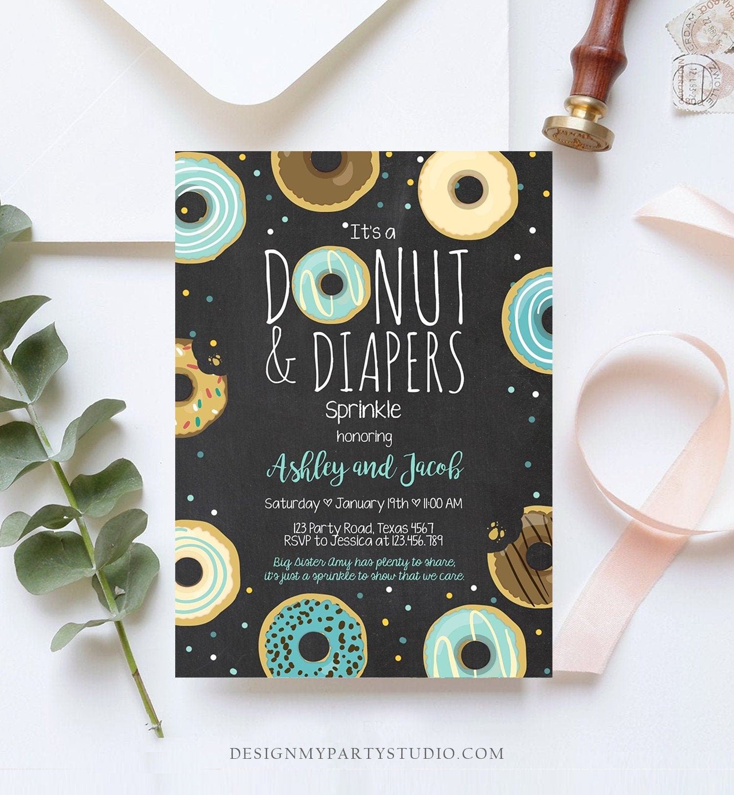 Editable Donut and Diapers Sprinkle Invitation Baby Shower Coed Shower Boy Blue Sweet Instant Download Printable Template Digital Evite 0050