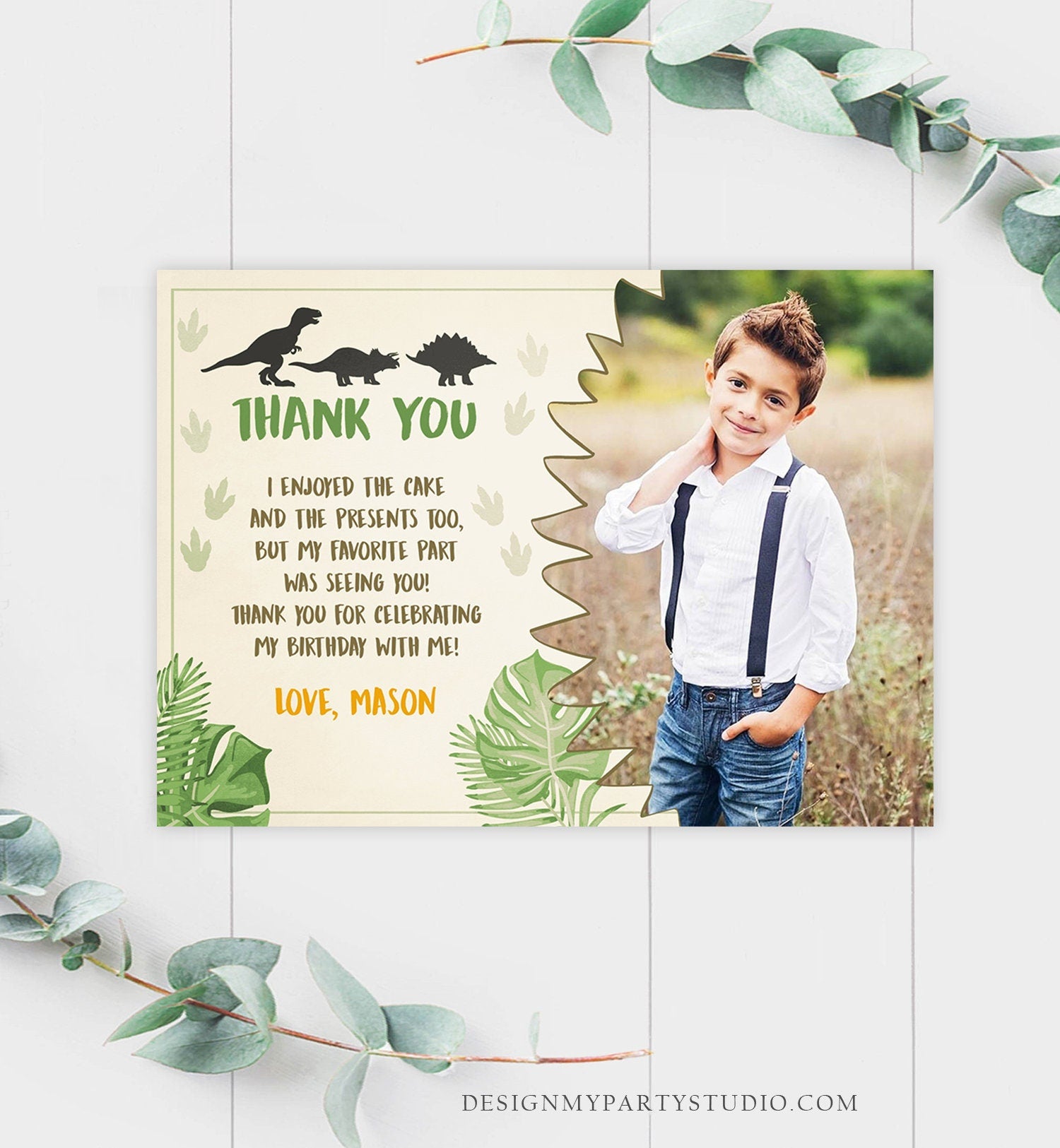 Editable Dinosaur Thank You Card Boy Prehistoric Dino Dig Party T-Rex Note Photo Instant Digital Download Printable Template Corjl 0043