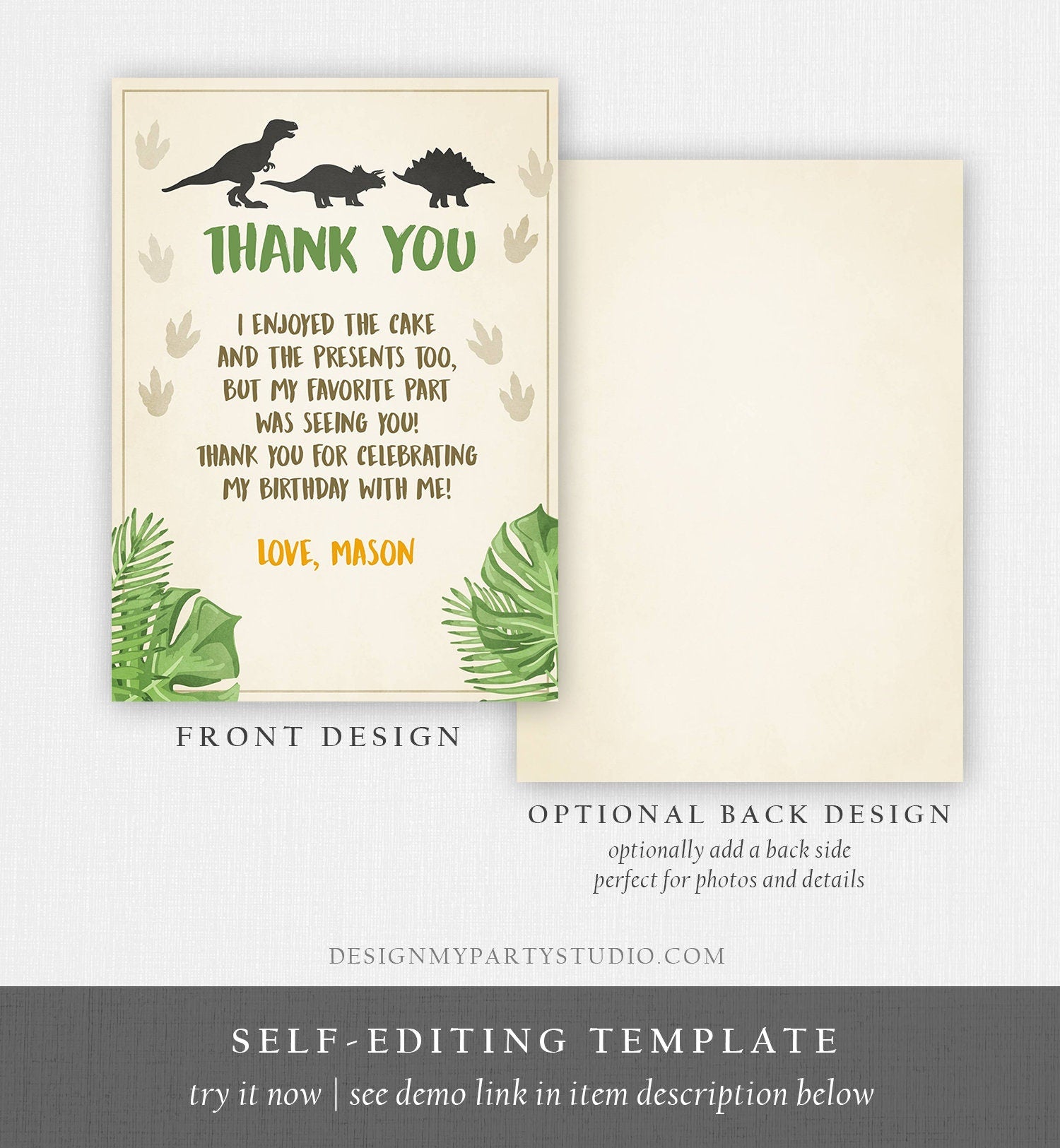 Editable Dinosaur Thank You Card Boy Prehistoric Dino Dig Party T-Rex Note Foot Prints Chalk Digital Download Printable Template Corjl 0043