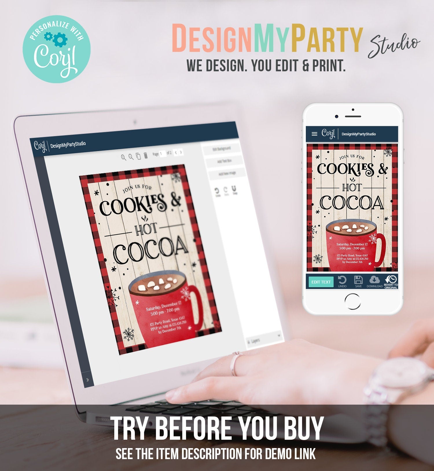 Editable Cookies and Cocoa Invitation Hot Cocoa Party Invite Hot Chocolate Birthday Lumberjack Plaid Download Printable Template Corjl 0262