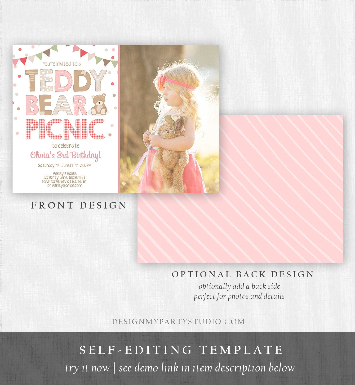 Editable Teddy Bear Picnic Birthday Invitation Girl Pink Red Gingham Bear Picnic Summer Outdoor Party Printable Digital Corjl Template 0100