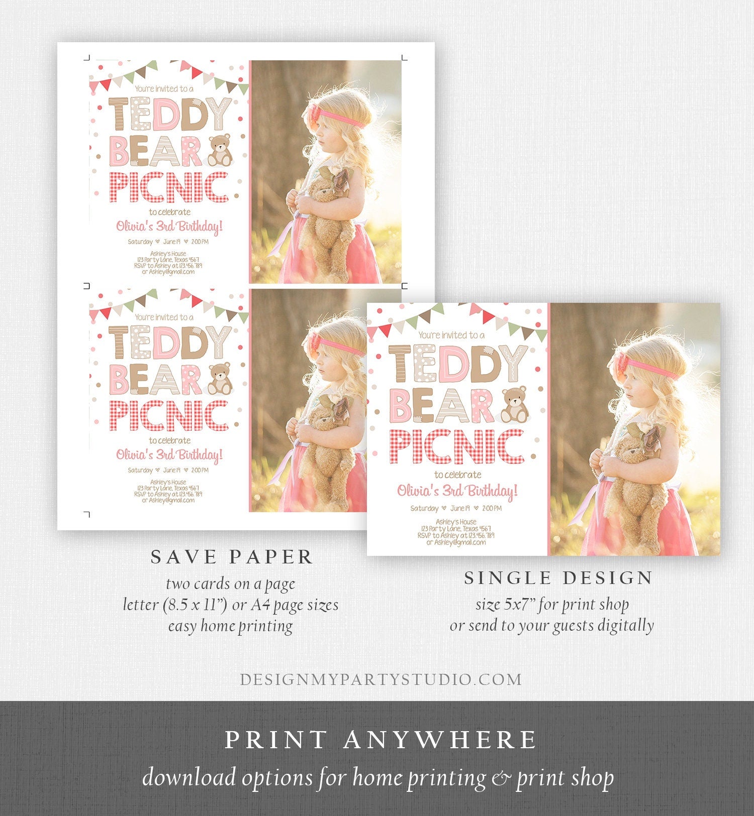 Editable Teddy Bear Picnic Birthday Invitation Girl Pink Red Gingham Bear Picnic Summer Outdoor Party Printable Digital Corjl Template 0100