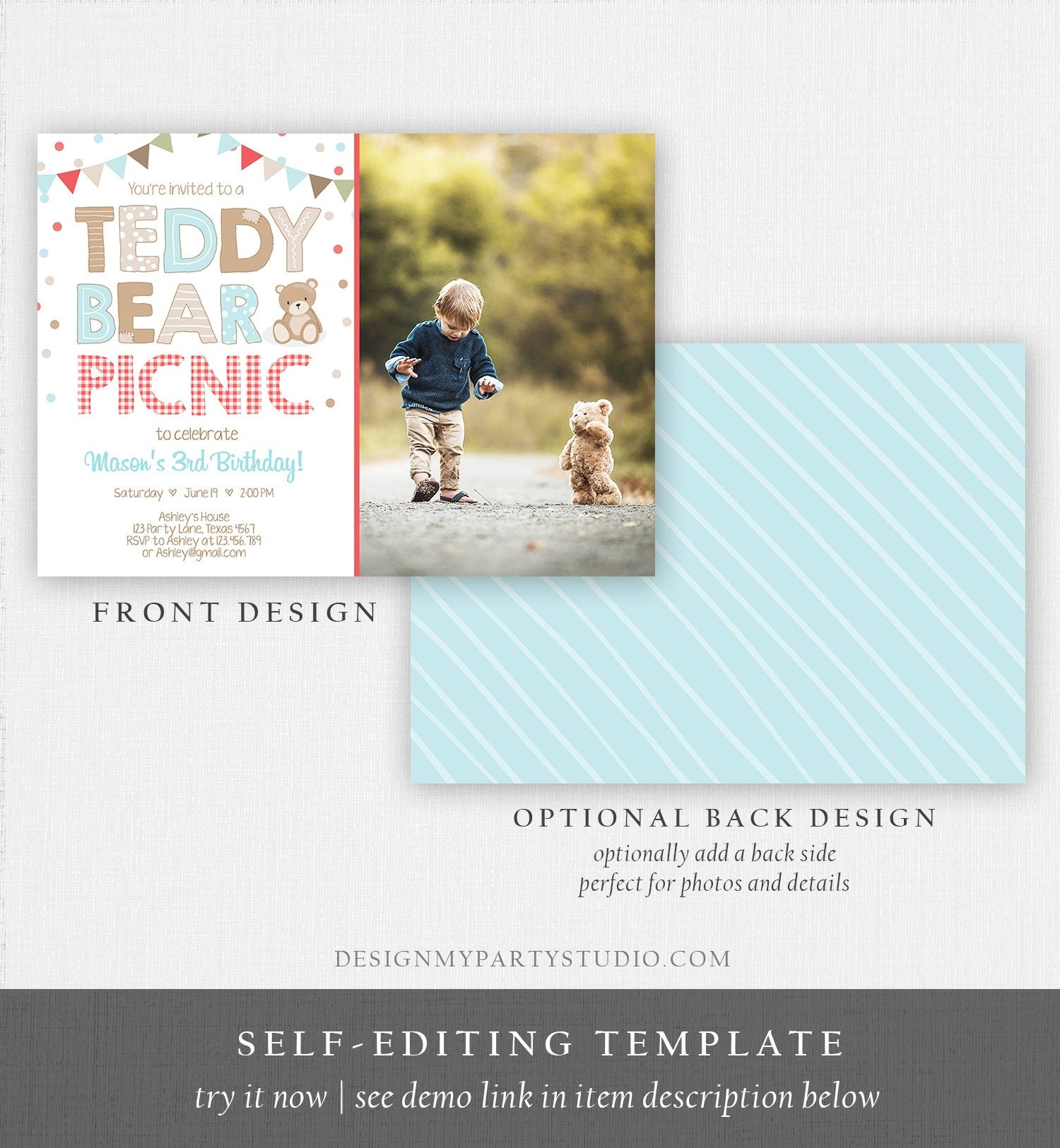 Editable Teddy Bear Picnic Birthday Invitation Boy Blue Brown Red Gingham Bear Picnic Outdoor First Birthday Digital Corjl Template 0100