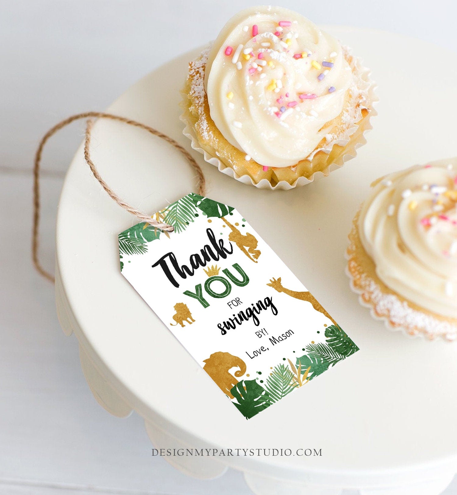 Editable Safari Animals Favor Tags Thank You for Swinging By Wild One Label Jungle Zoo Boy Green Gold Gift Tag Download Corjl Template 0016