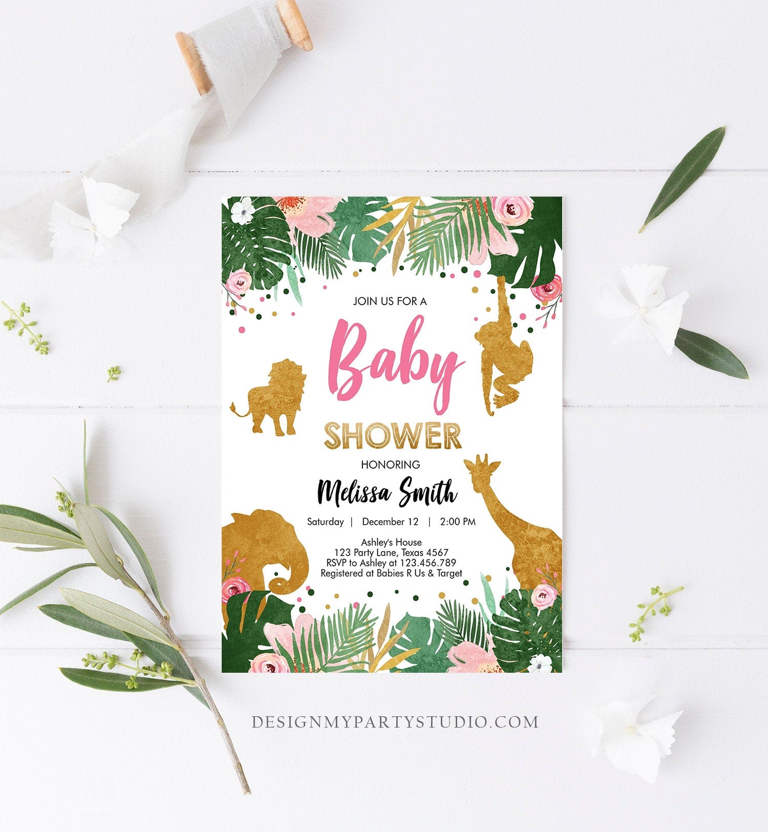 Editable Safari Animals Baby Shower Invitation Wild One Jungle Zoo Wild Animals Pink Gold Girl Corjl Template Instant Download Digital 0016