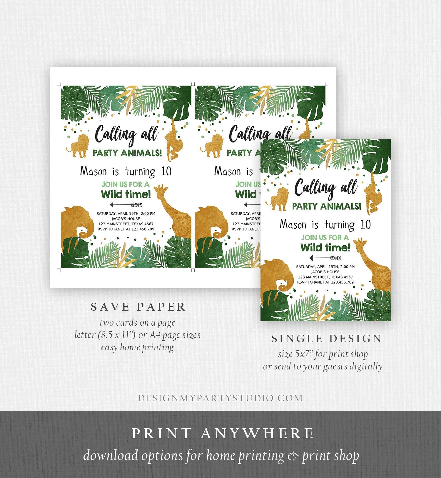 Editable Safari Animals Birthday Invitation ANY AGE Calling All Party Animals Boy Gold Green Jungle Download Printable Corjl Template 0016