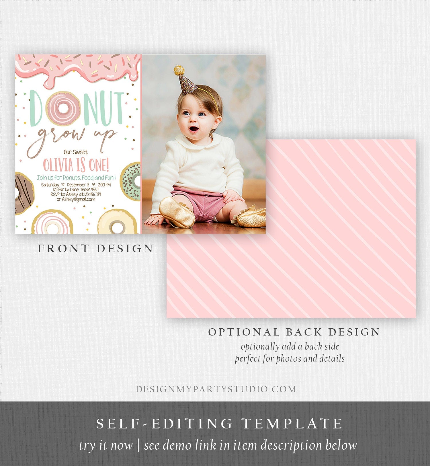 Editable Donut Grow Up Birthday Invitation First Birthday Party Pink Girl Doughnut Sweet Digital Download Corjl Template Printable 0320