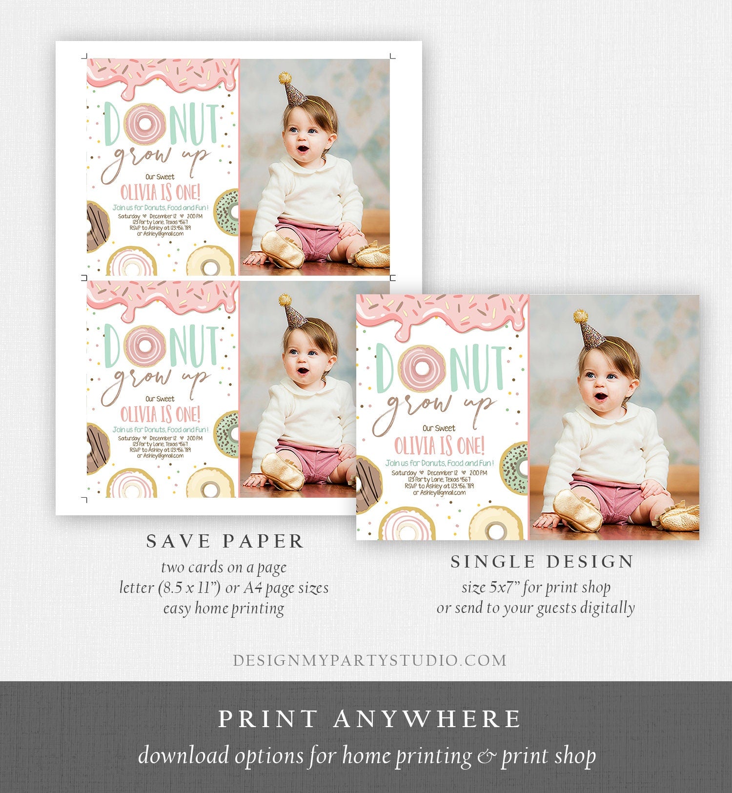 Editable Donut Grow Up Birthday Invitation First Birthday Party Pink Girl Doughnut Sweet Digital Download Corjl Template Printable 0320