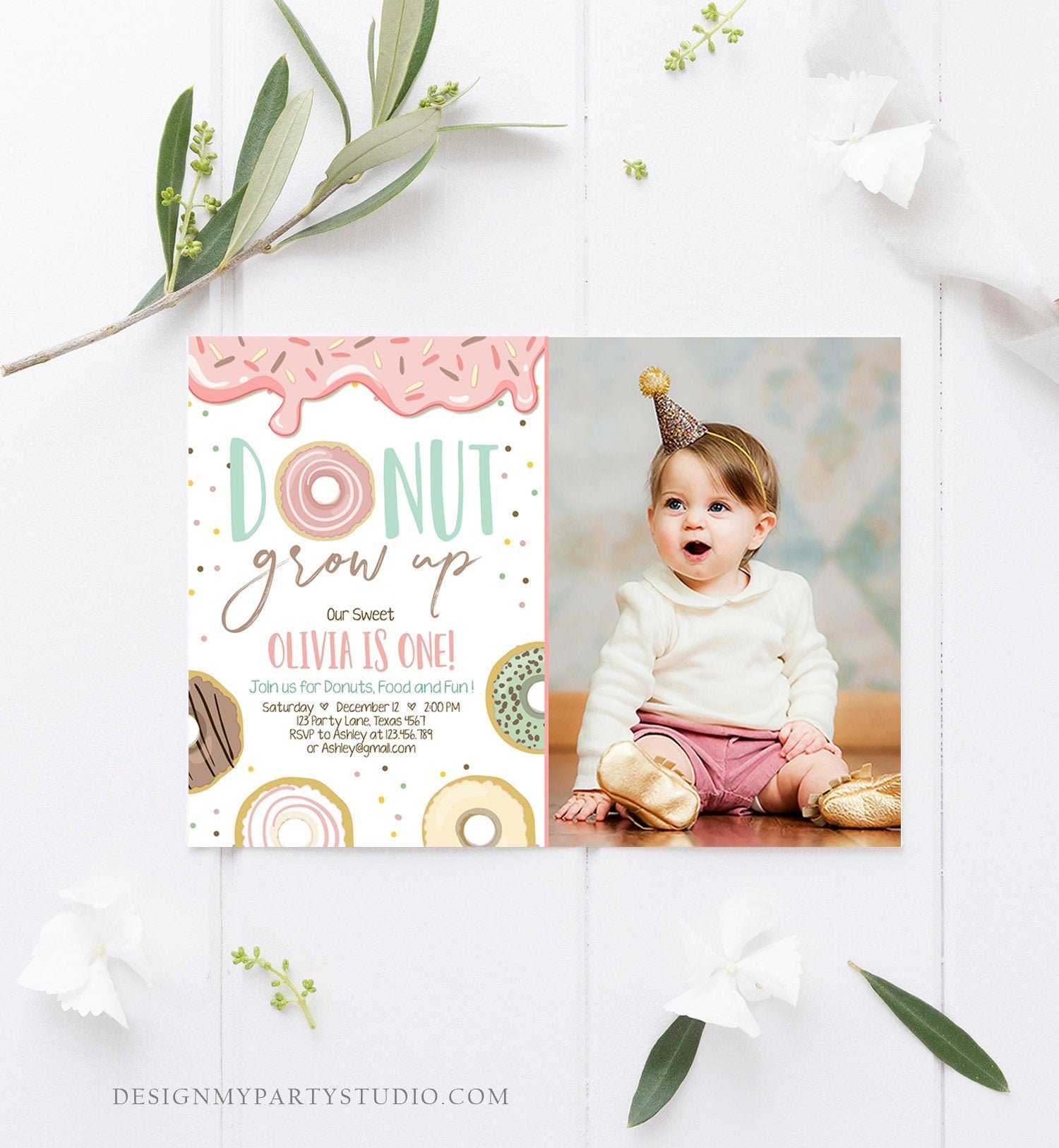 Editable Donut Grow Up Birthday Invitation First Birthday Party Pink Girl Doughnut Sweet Digital Download Corjl Template Printable 0320