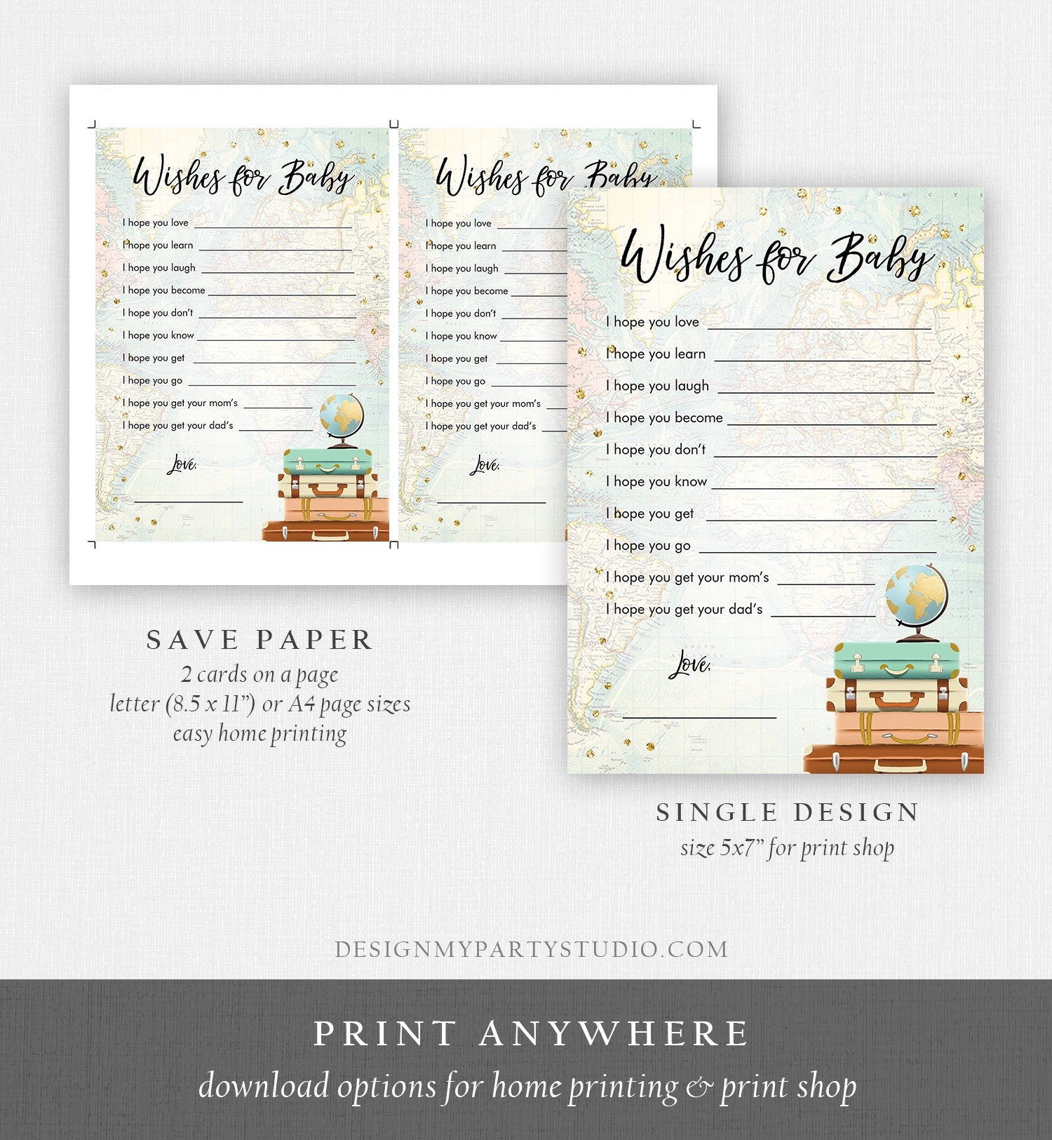 Editable Wishes for Baby Game Cards Adventure Baby Shower Game Journey Travel Baby Shower Activity Printable Download Template Corjl 0263