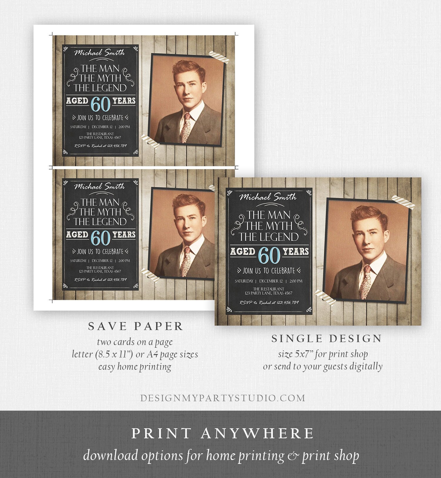 Editable The Man The Myth The Legend Birthday Invitation Man Men Adult Birthday Wood Rustic Chalk Download Printable Invite Corjl 0101