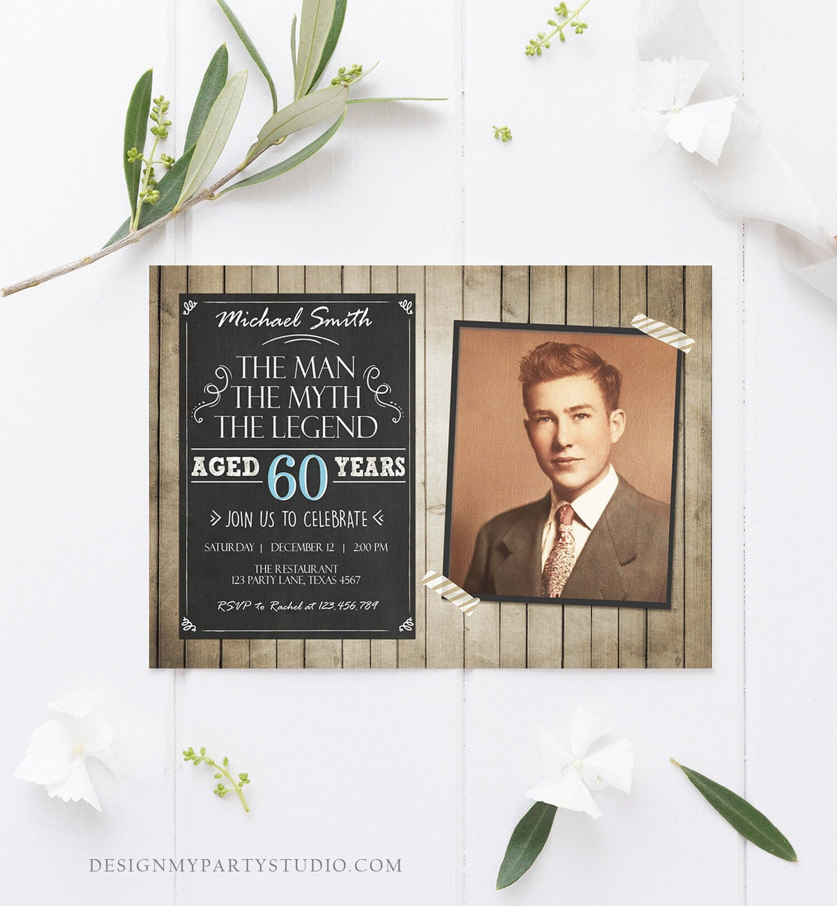 Editable The Man The Myth The Legend Birthday Invitation Man Men Adult Birthday Wood Rustic Chalk Download Printable Invite Corjl 0101