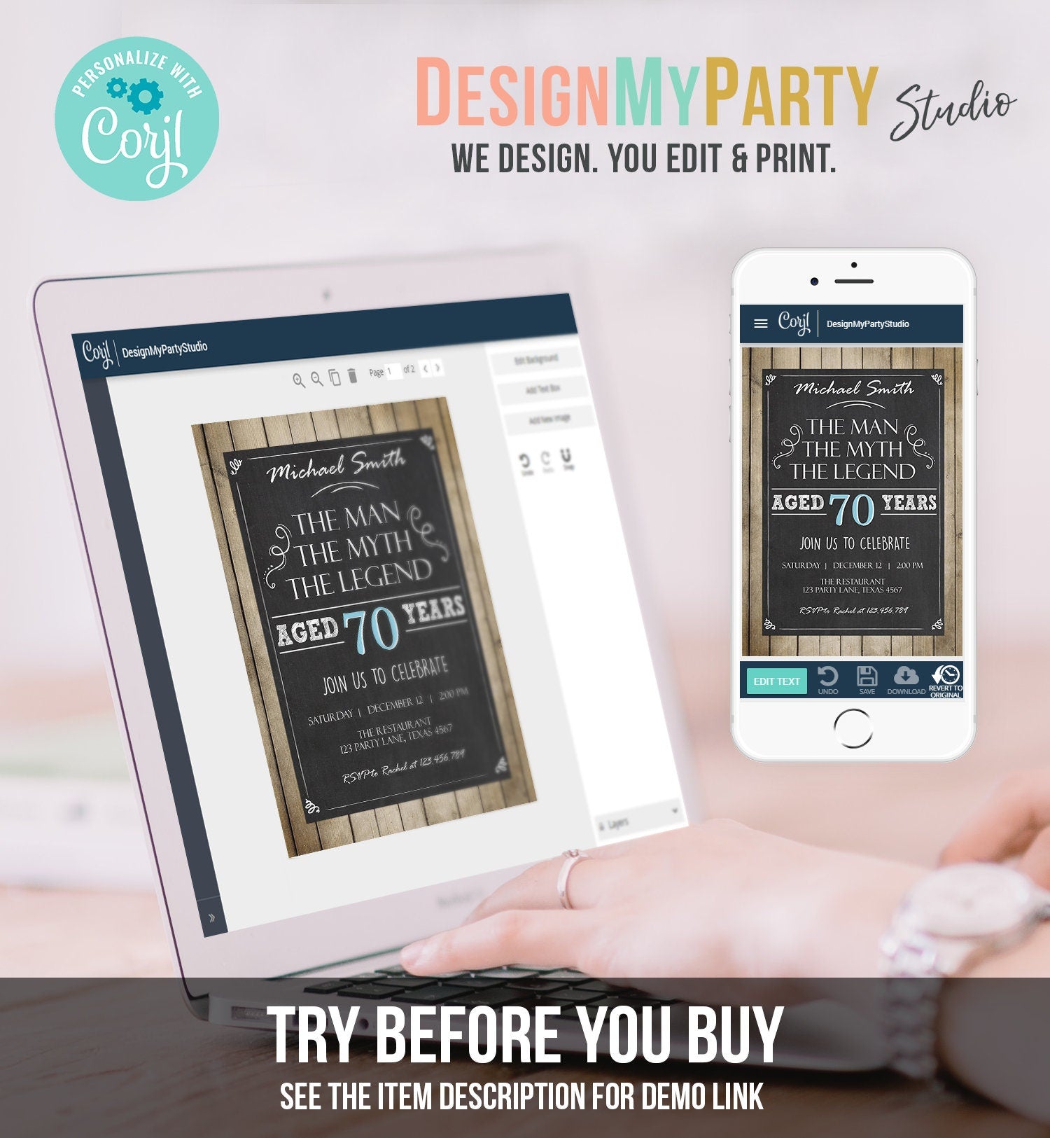 Editable The Man The Myth The Legend Birthday Invite Man Men Adult Birthday Wood Rustic Chalk Download Printable Invitation Corjl 0101