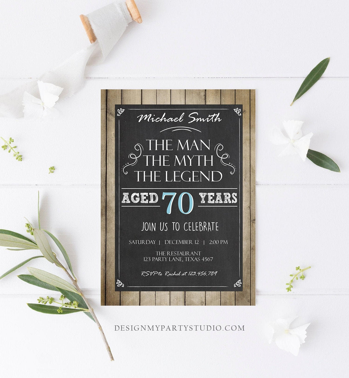 Editable The Man The Myth The Legend Birthday Invite Man Men Adult Birthday Wood Rustic Chalk Download Printable Invitation Corjl 0101