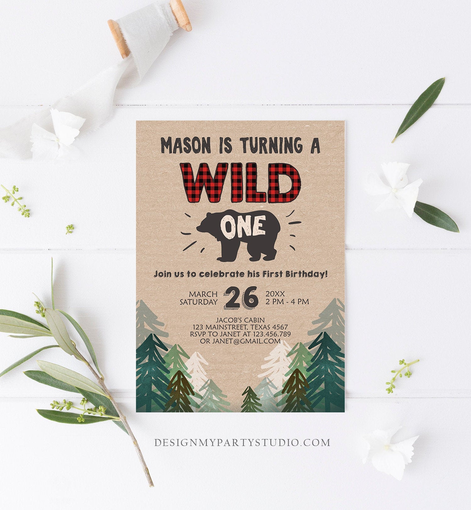 Editable Wild One Birthday Invitation Lumberjack First Birthday Trees Red Black Plaid Outdoor Bear Download Printable Template Corjl 0026