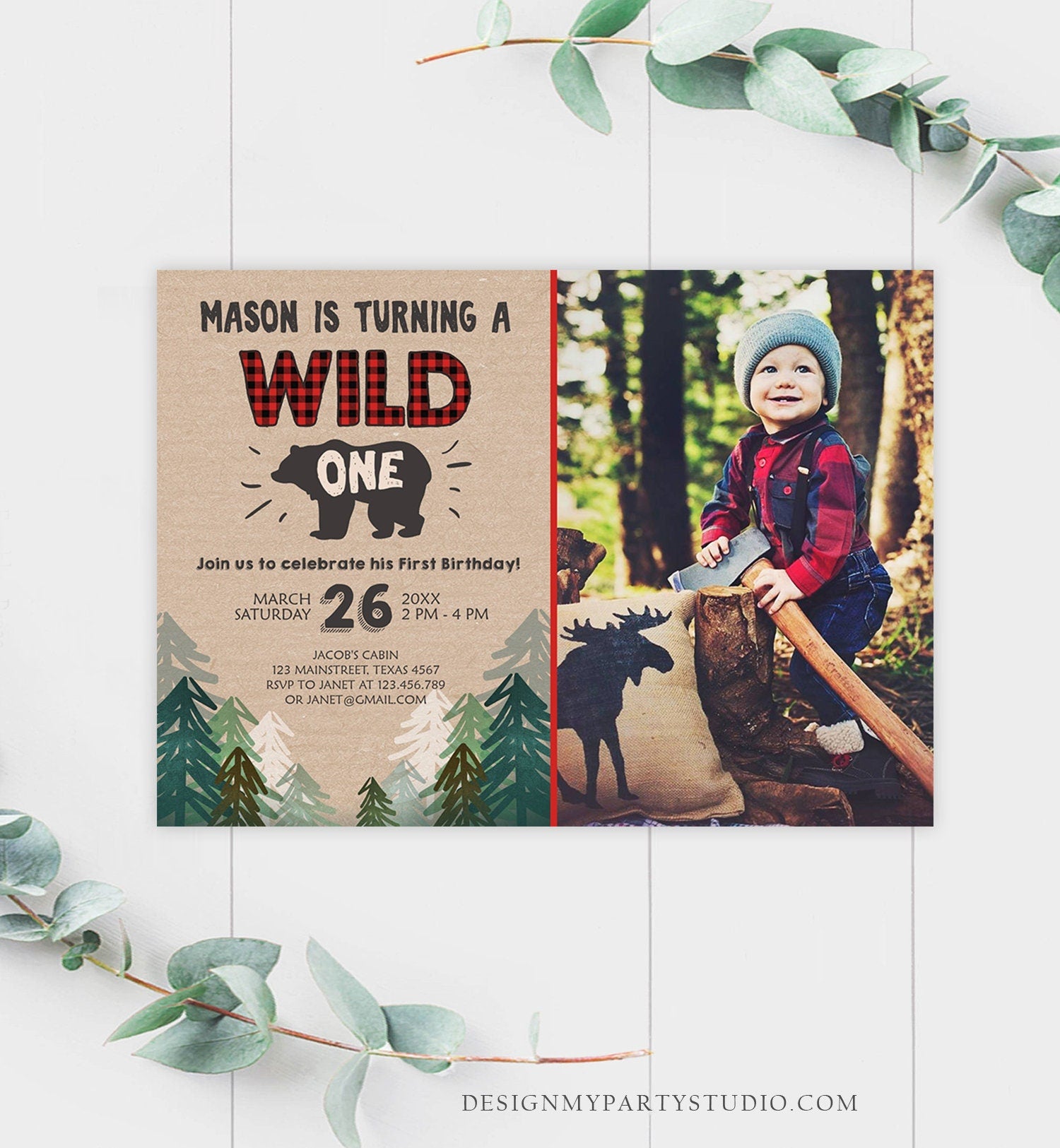 Editable Wild One Birthday Invitation Lumberjack First Birthday Trees Red Black Plaid Outdoor Bear Download Printable Template Corjl 0026