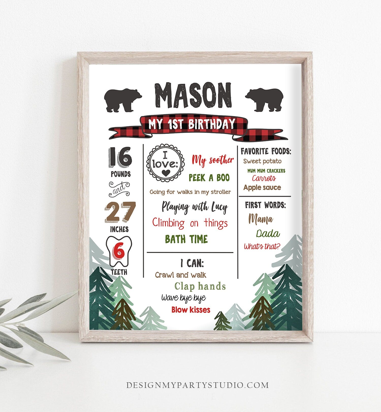 Editable Lumberjack Birthday Milestones Sign Pine Tree Stat Poster Infographic Woodland 1st Birthday Bear Template Printable Corjl 0377