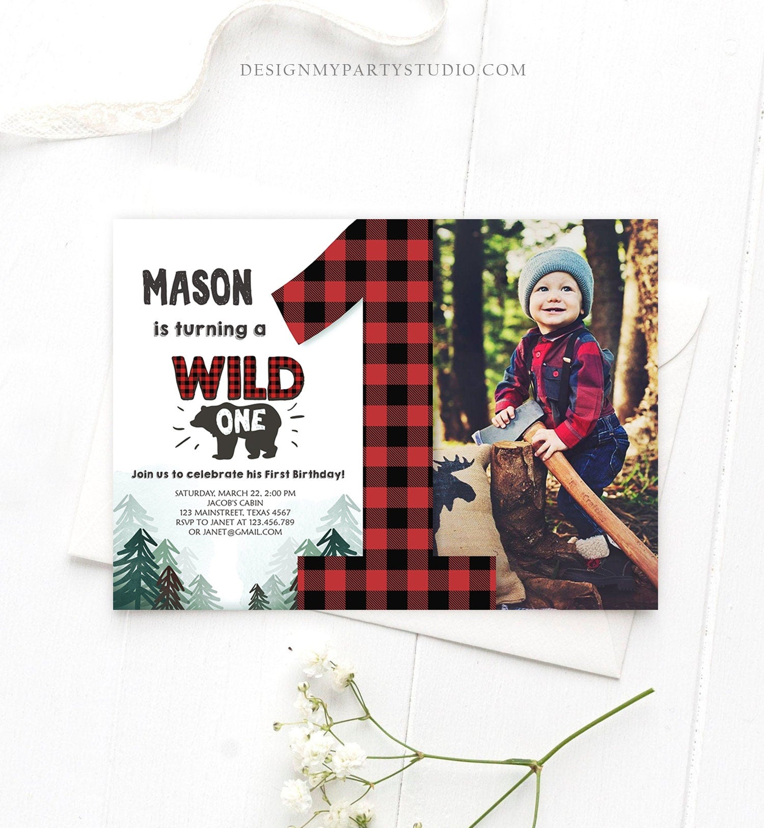 Editable Lumberjack Wild One Birthday Invitation First Birthday Forest Trees Red Plaid Outdoor Bear Boy 1st Printable Corjl Template 0377