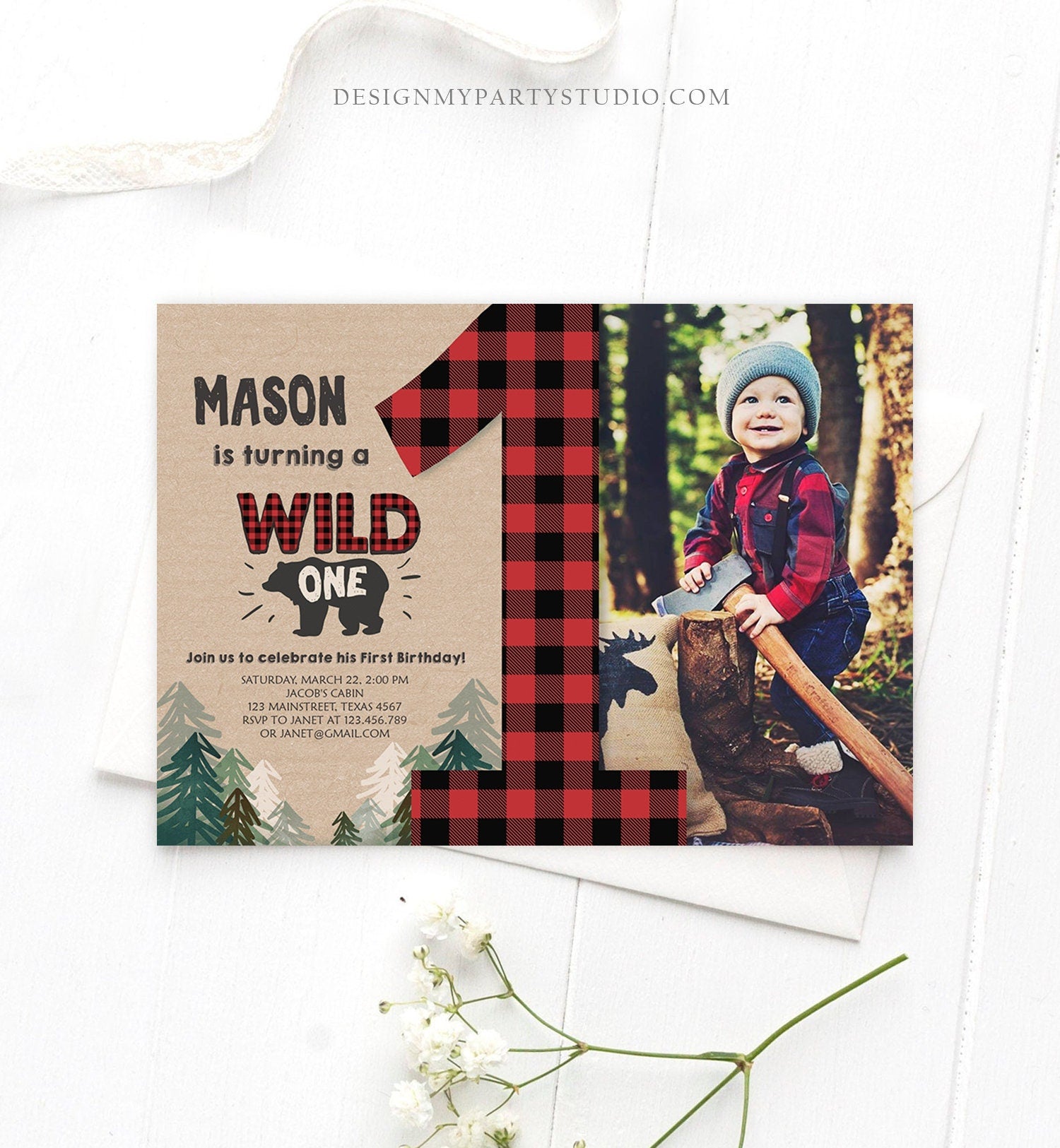 Editable Lumberjack Wild One Birthday Invitation First Birthday Forest Trees Red Plaid Outdoor Bear Boy 1st Corjl Template Printable 0026