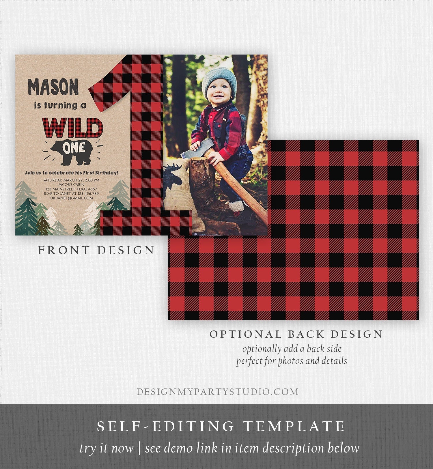 Editable Lumberjack Wild One Birthday Invitation First Birthday Forest Trees Red Plaid Outdoor Bear Boy 1st Corjl Template Printable 0026