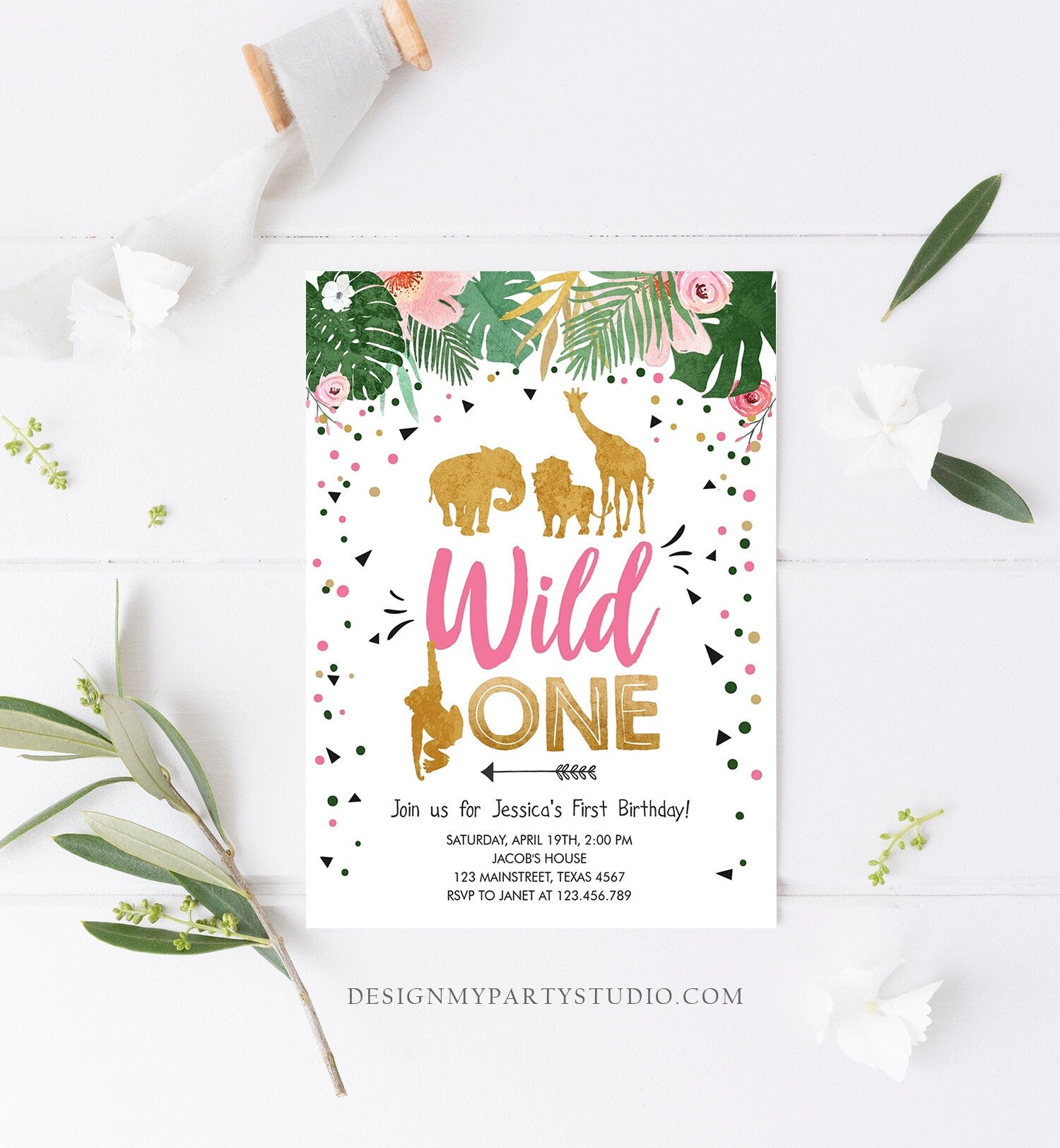 Editable Wild One Birthday Invitation Girl Safari Animals Jungle Zoo Party Animals Pink Gold Instant Download Printable Corjl Template 0016