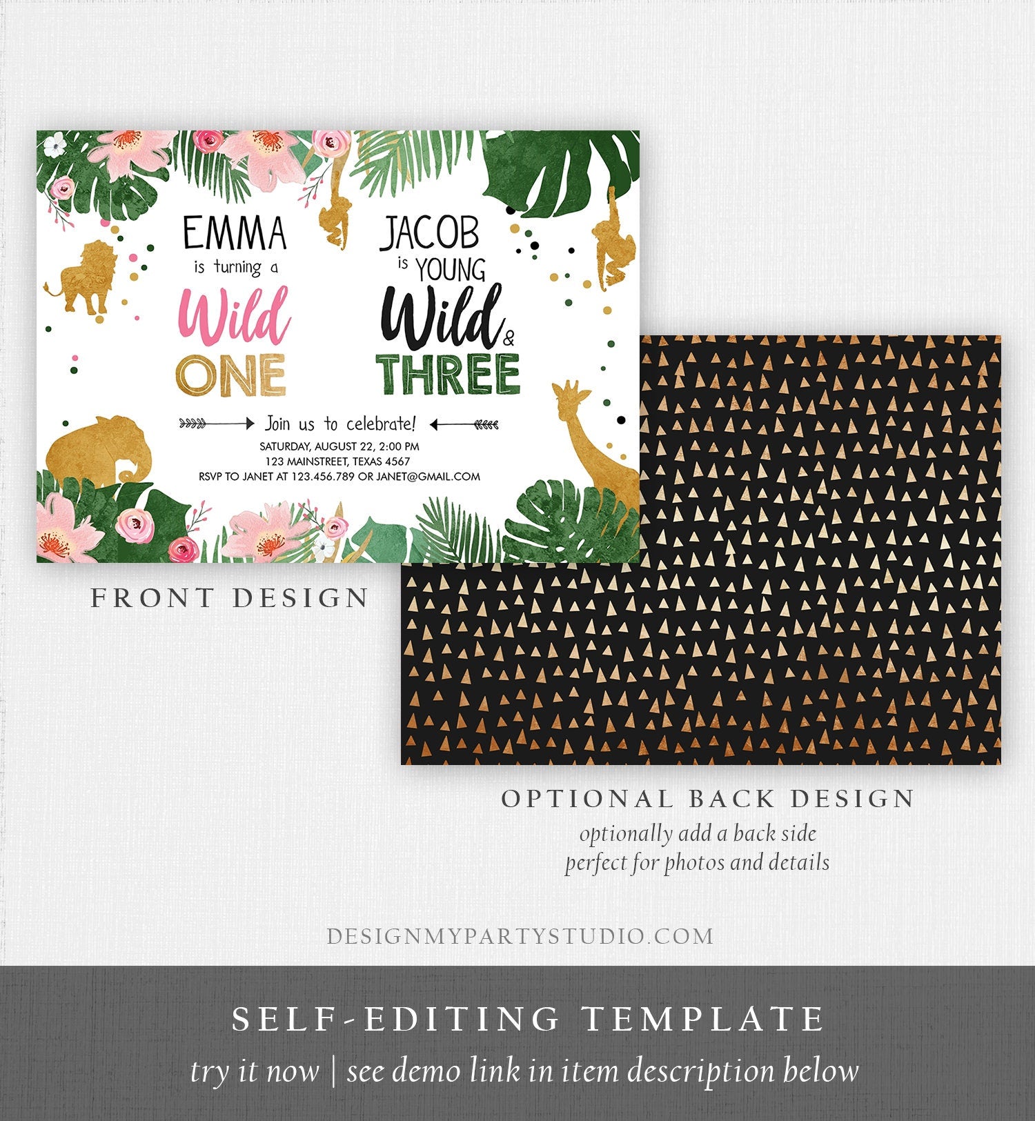 Editable Wild One Birthday Invitation Wild and Three Boy Girl Safari Animals Jungle Gold Joint Dual Download Printable Corjl Template 0016