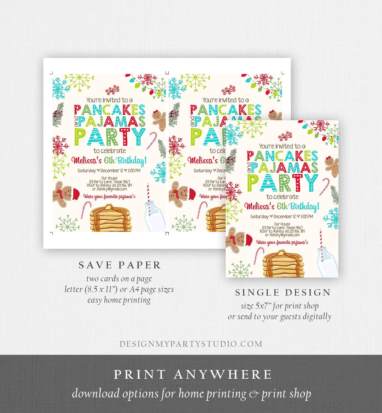 Editable Christmas Pancakes and Pajamas Birthday Invitation Pancake Gingerbread Milk Party Download Printable Corjl Template Digital 0271