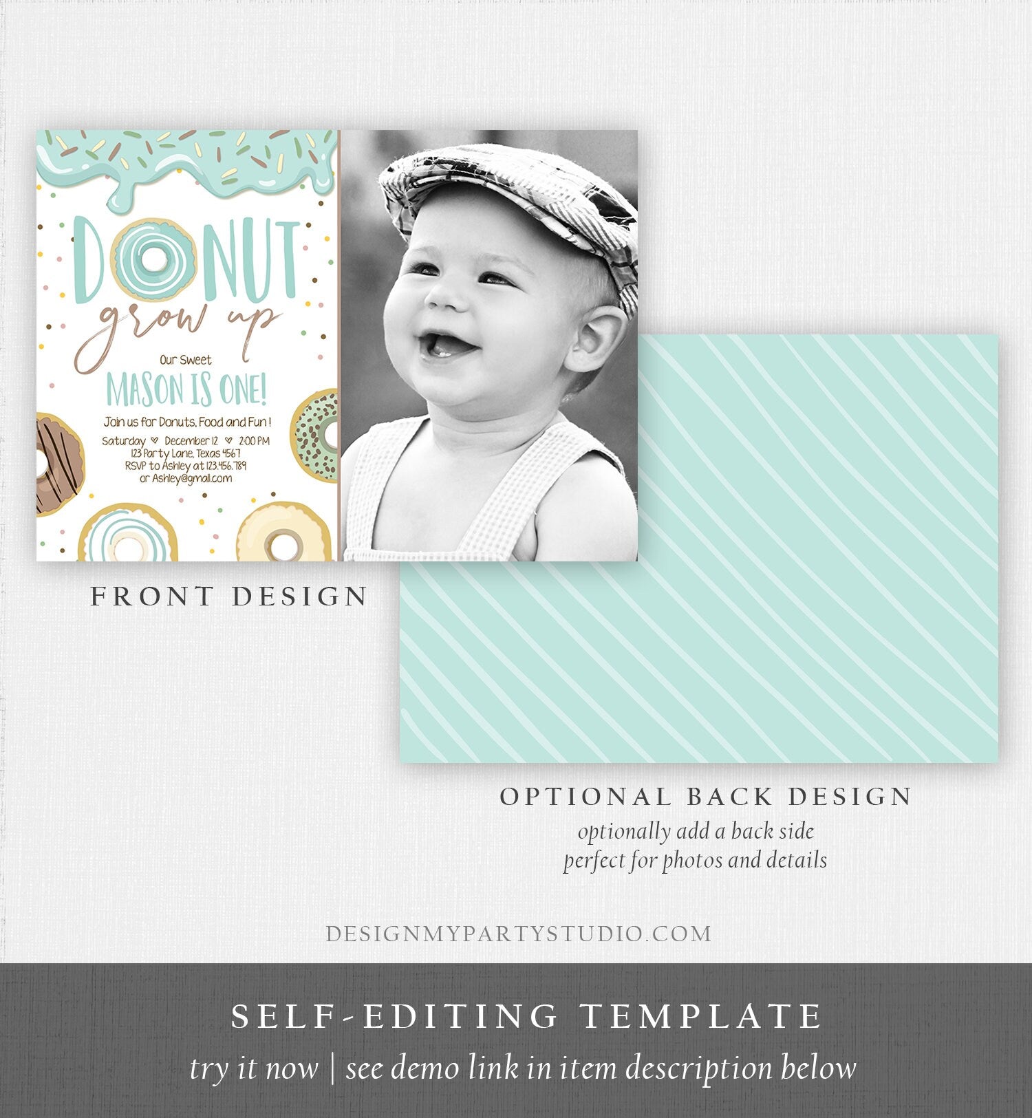 Editable Donut Grow Up Birthday Invitation First Birthday Party Blue Boy Doughnut 1st Pastel Photo Download Printable Template Corjl 0320