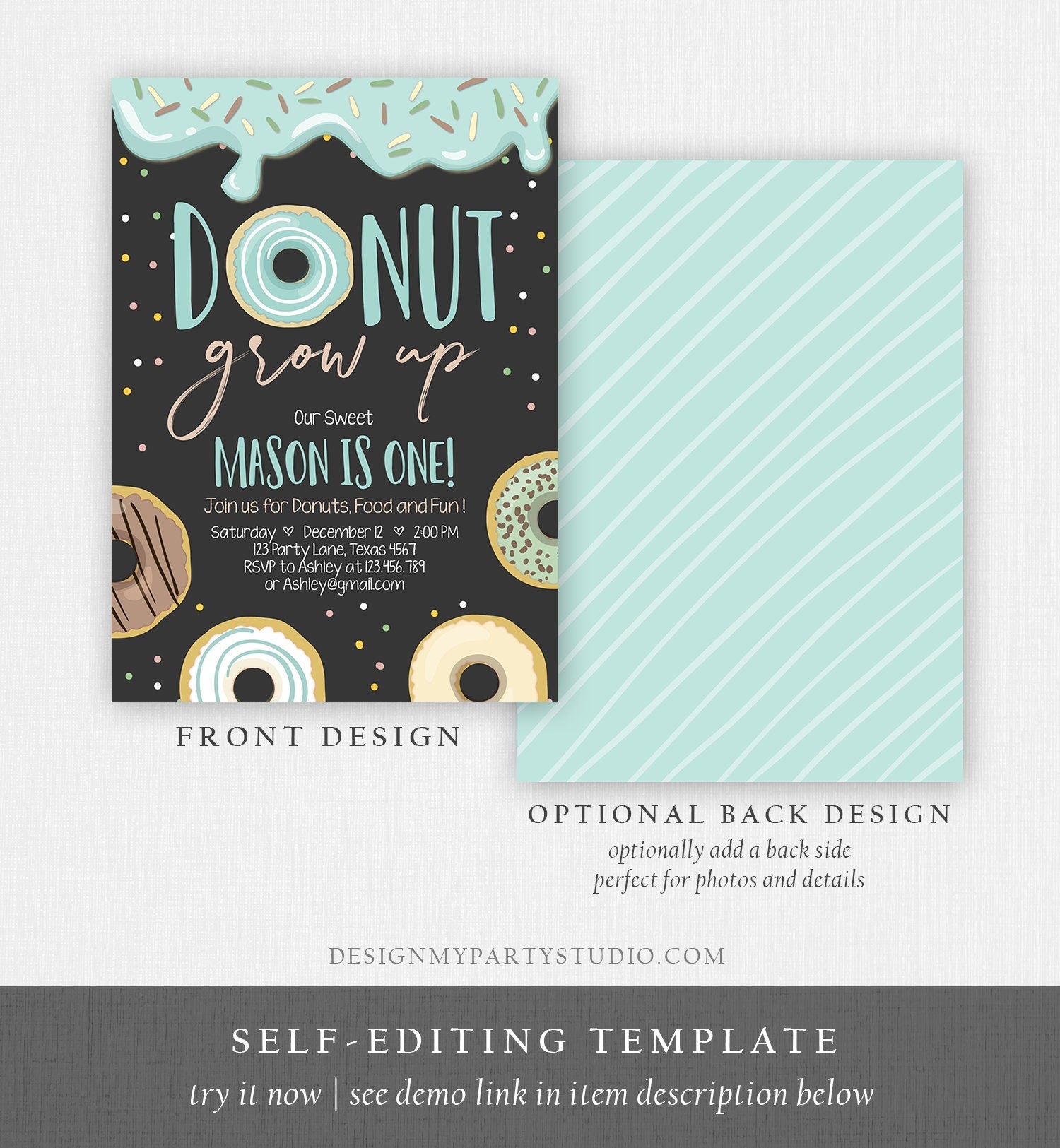 Editable Donut Grow Up Birthday Invitation First Birthday Party Blue Boy Doughnut 1st Pastel Chalk Download Corjl Template Printable 0320