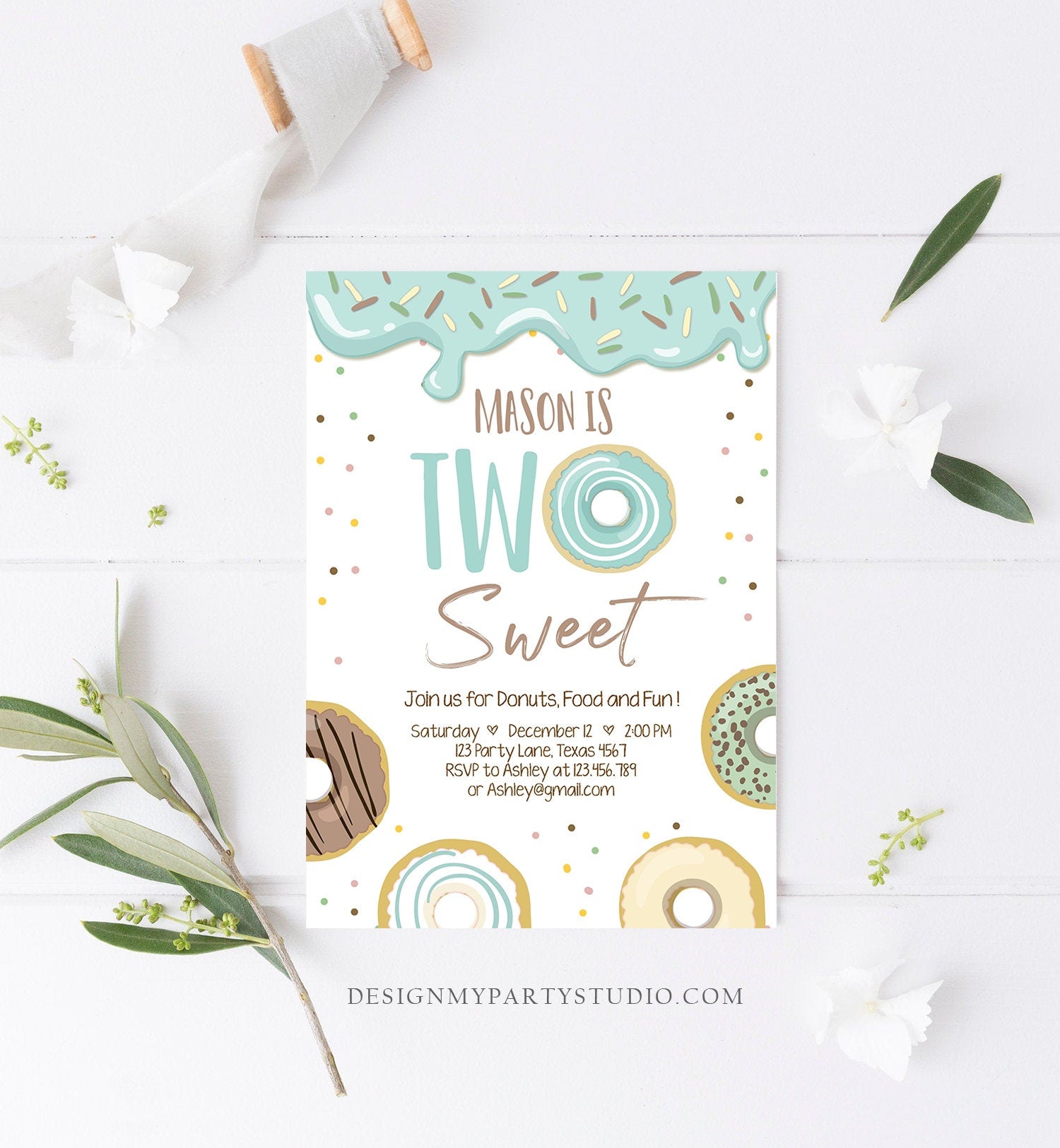 Editable Donut Two Sweet Birthday Invitation Second Birthday Party Blue Boy Doughnut 2nd Pastel Download Printable Template Corjl 0320