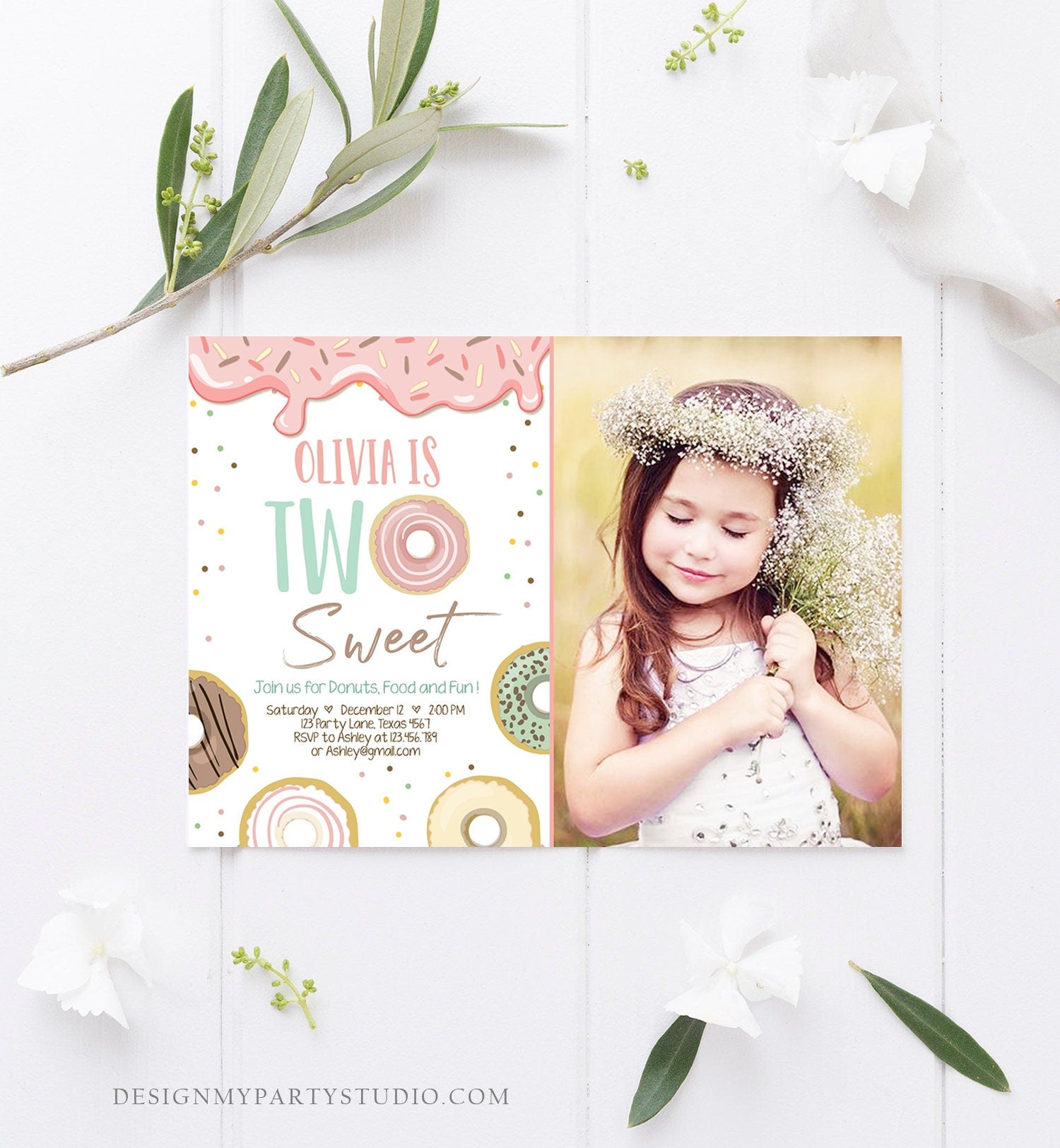 Editable Two Sweet Donut Birthday Invitation 2nd Birthday Girl Doughnut Second Birthday Photo Printable Download Template Corjl Digital 0320