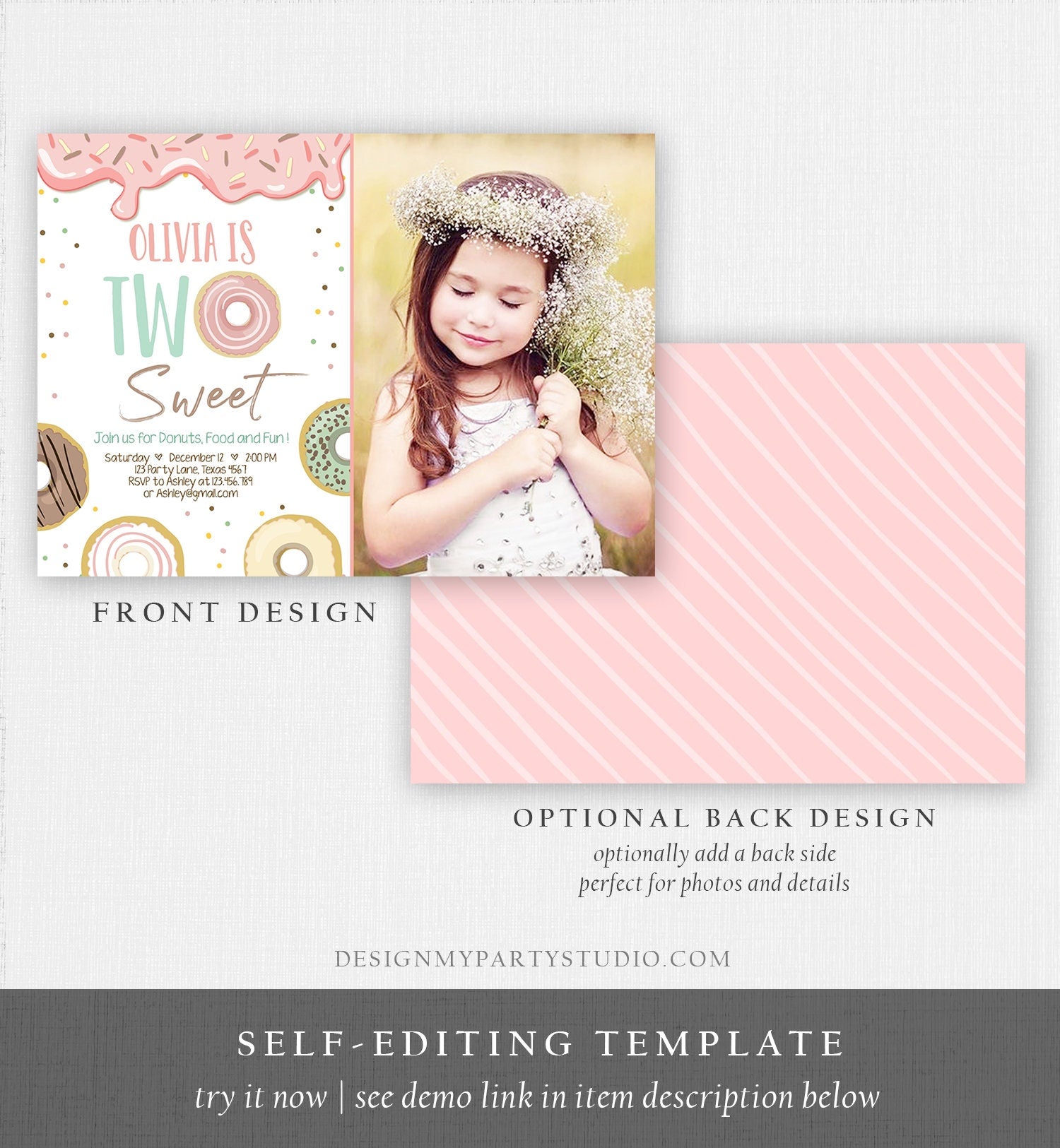 Editable Two Sweet Donut Birthday Invitation 2nd Birthday Girl Doughnut Second Birthday Photo Printable Download Template Corjl Digital 0320