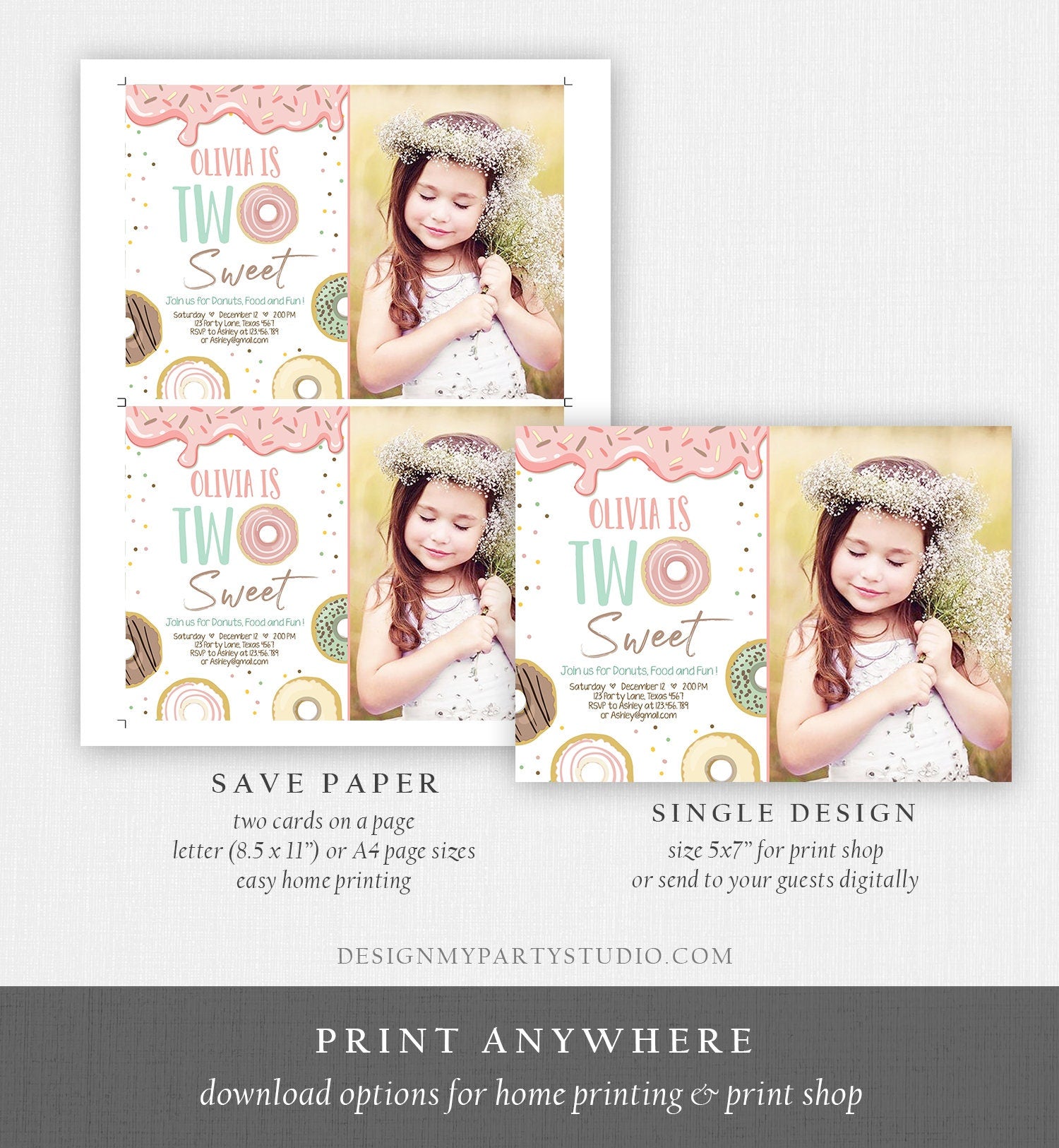 Editable Two Sweet Donut Birthday Invitation 2nd Birthday Girl Doughnut Second Birthday Photo Printable Download Template Corjl Digital 0320