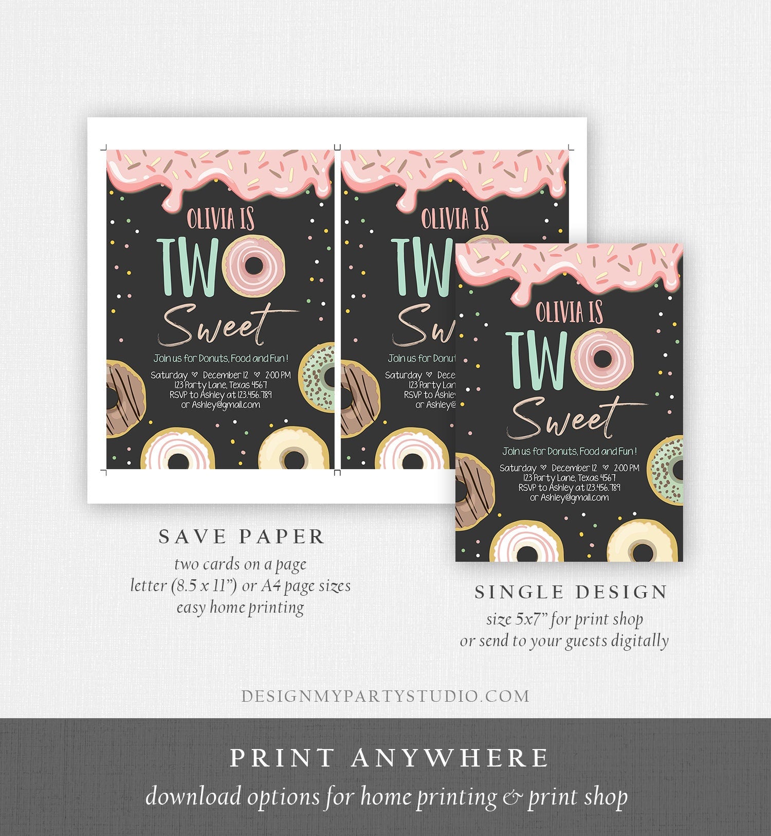 Editable Donut Two Sweet Birthday Invitation Second Birthday Party Pink Girl Doughnut 2nd Digital Download Corjl Template Printable 0320